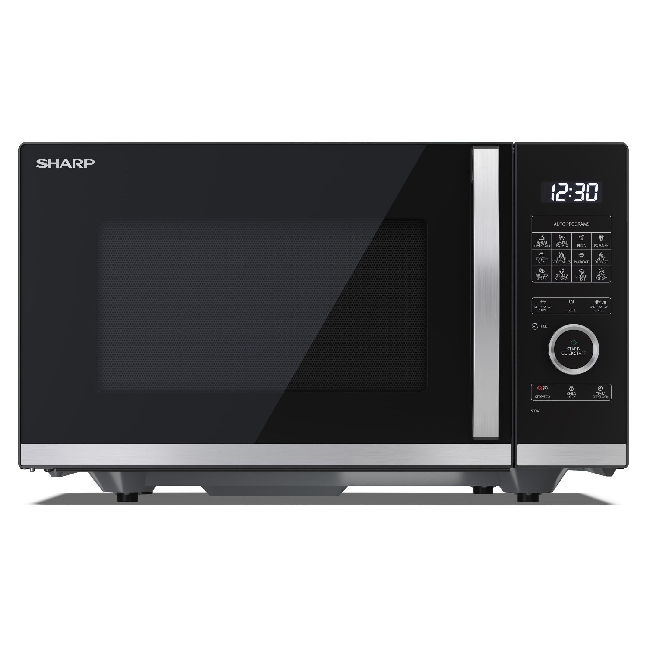 Microonde SHARP nero con display digitale, pulsanti e finiture argento.