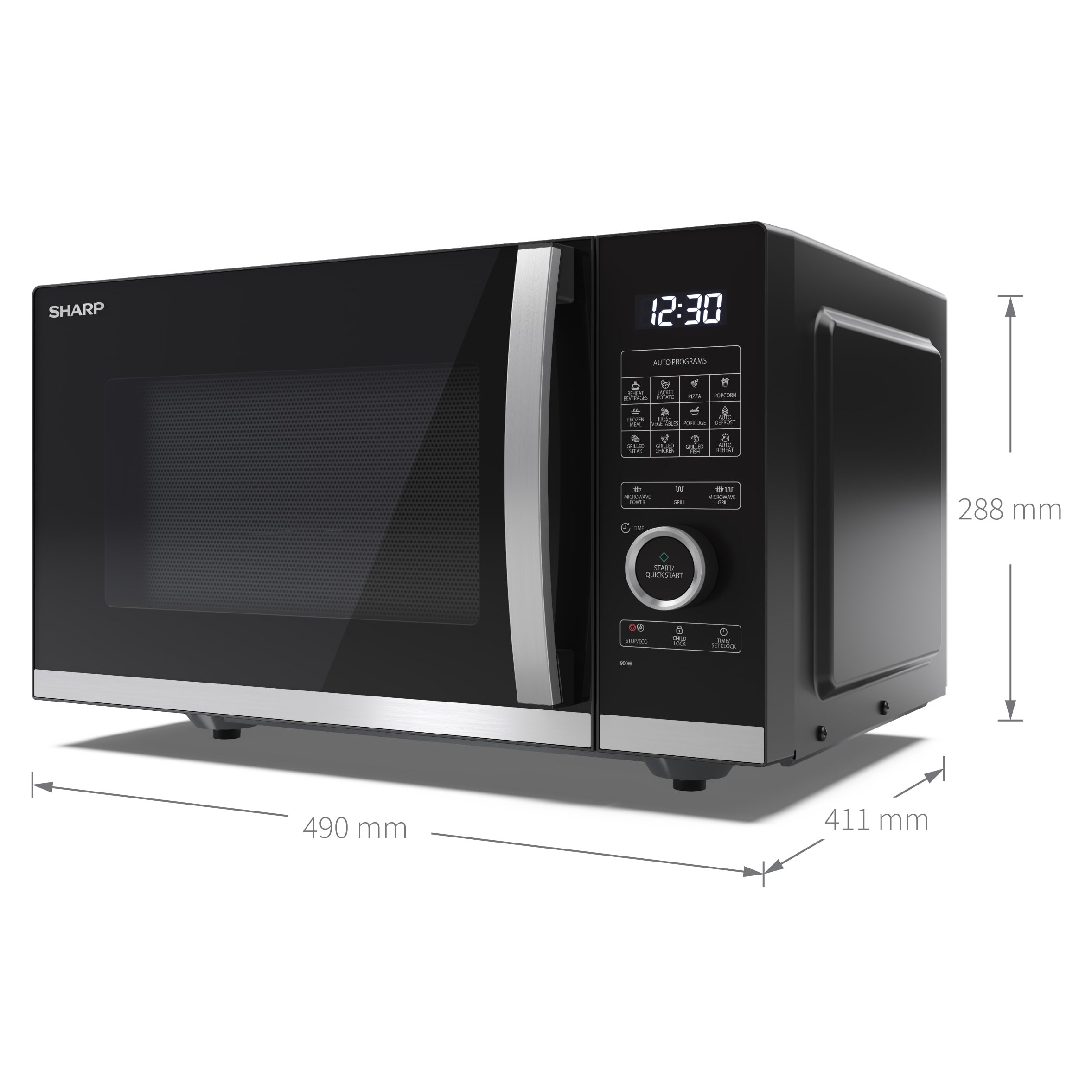 Un forno a microonde Sharp nero con display digitale, le dimensioni sono visibili. Accenti argentati e sfondo nero.