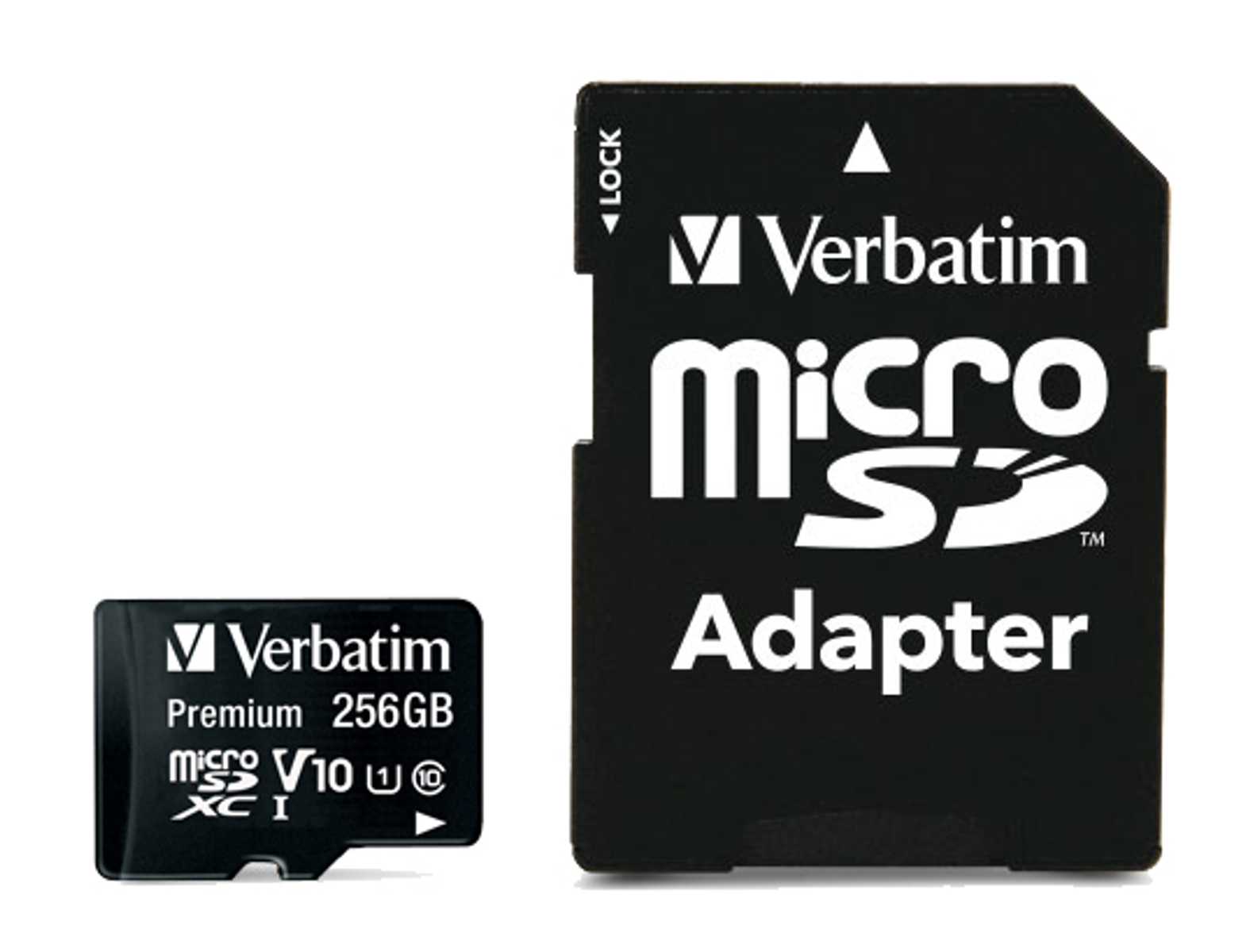 Karta Micro SD z adapterem. Karta jest czarna i oznaczona. Adapter również jest czarny z tekstem.