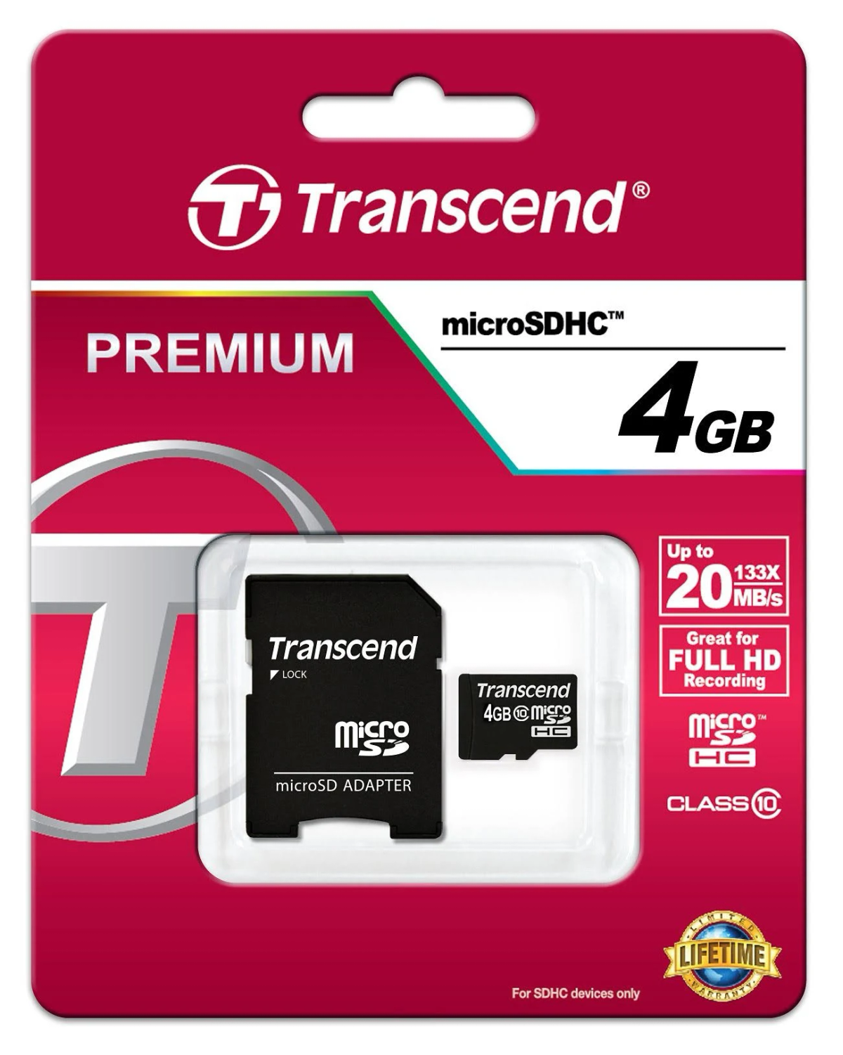 Eine MicroSD-Kartenverpackung mit Karte und Adapter. Text: Transcend, 4GB, microSDHC.