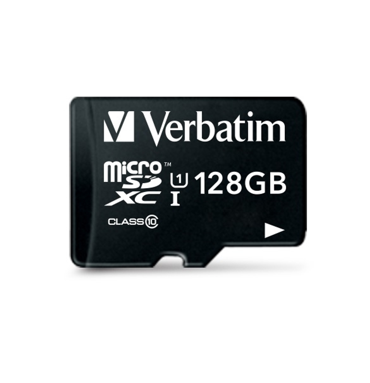 Czarna karta micro SD Verbatim o pojemności 128 GB. Białe tło. Klasa 10.