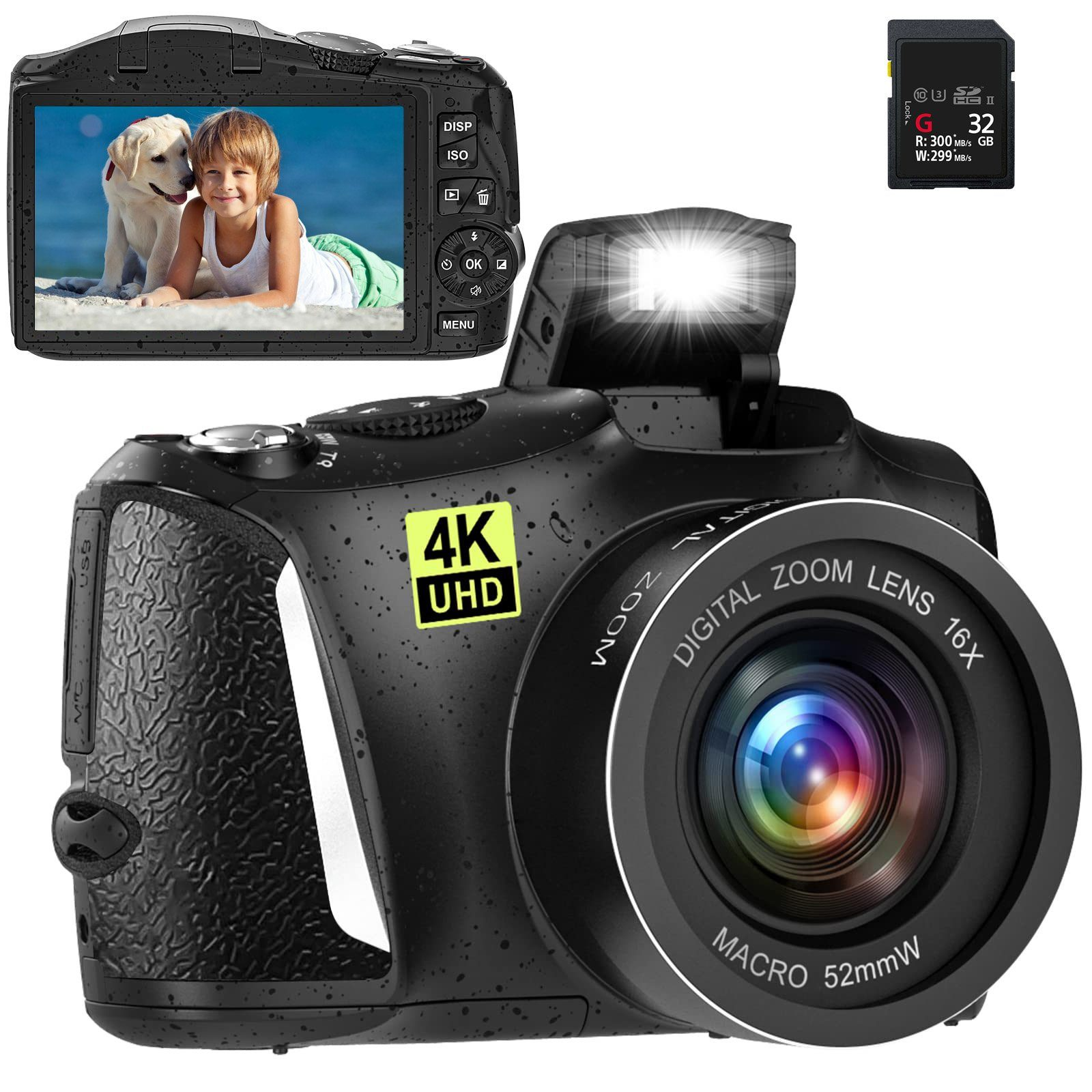 FINE LIFE PRO 16x | Taschen-Digitalkamera 48 4K Megapixel 60FPS Digitalzoom Ultra HD Kamera Digitalkamera, Schwarz, 3Zoll