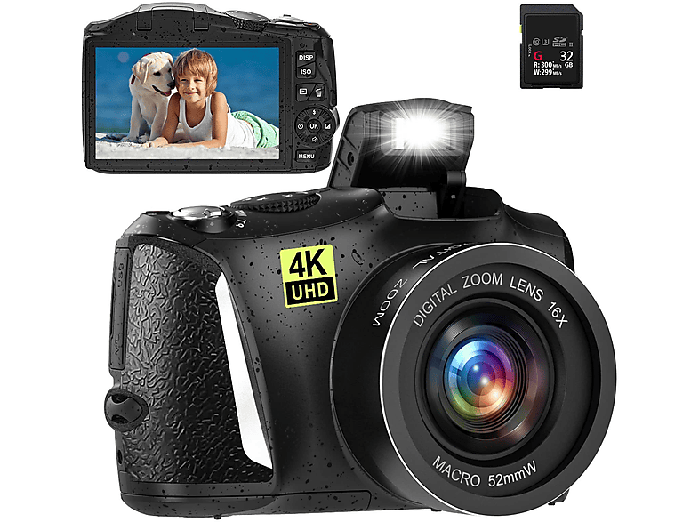 FINE LIFE PRO Digitalkamera, 4K Ultra HD 48 Megapixel | 16x Digitalzoom Kamera 60FPS Taschen-Digitalkamera Schwarz, 3Zoll-