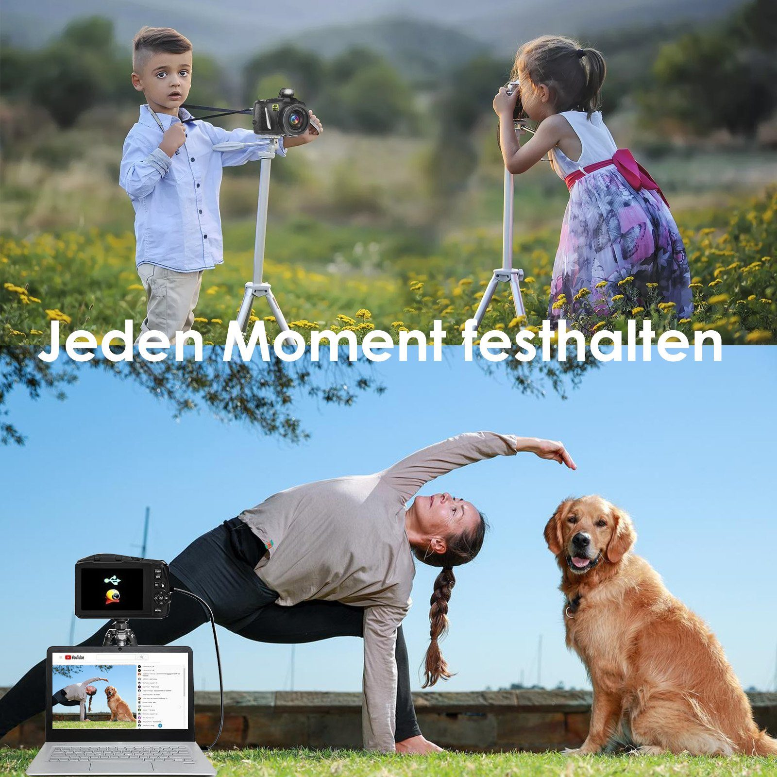 Menschen, die mit Kameras auf Stativen fotografieren. Eine Frau macht Yoga mit einem Hund und einem Laptop.