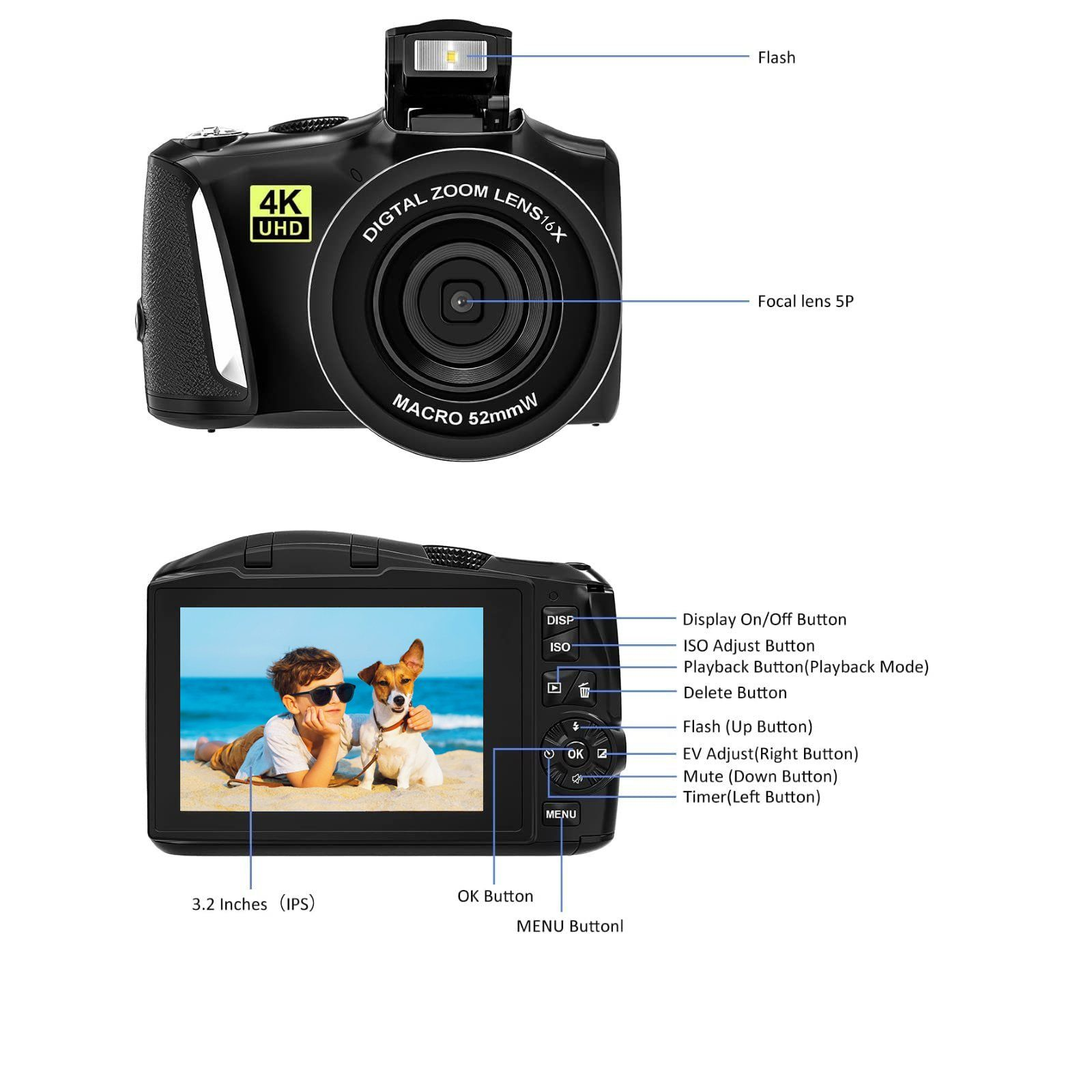 FINE LIFE PRO Digitalkamera, 48 3Zoll- 16x Taschen-Digitalkamera 4K Digitalzoom Megapixel 60FPS | Schwarz, Kamera HD Ultra