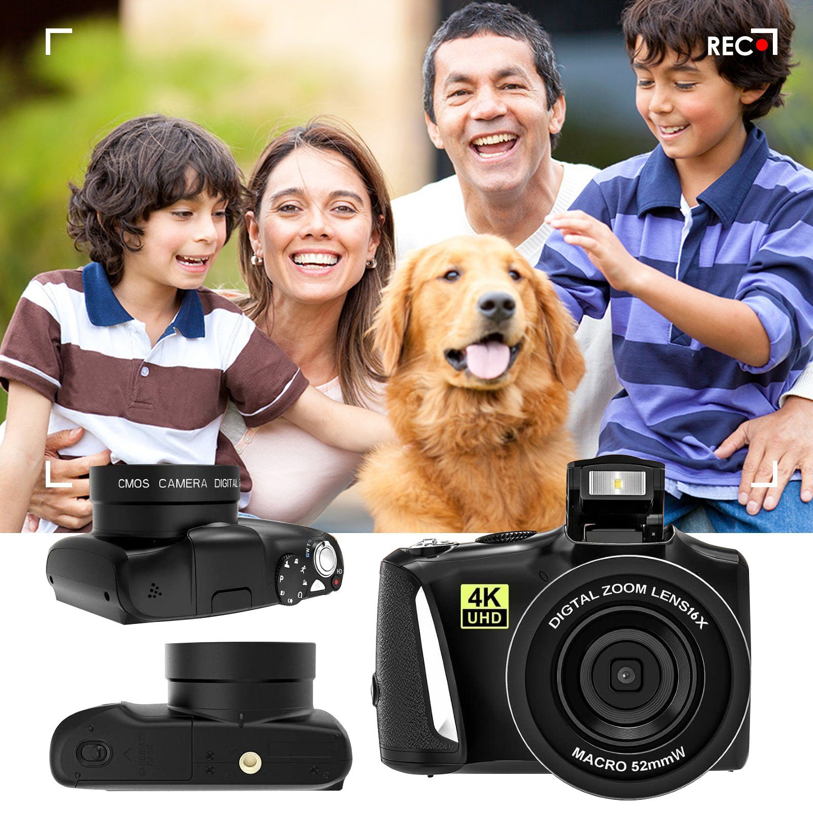 FINE LIFE PRO 16x | Taschen-Digitalkamera 48 4K Megapixel 60FPS Digitalzoom Ultra HD Kamera Digitalkamera, Schwarz, 3Zoll