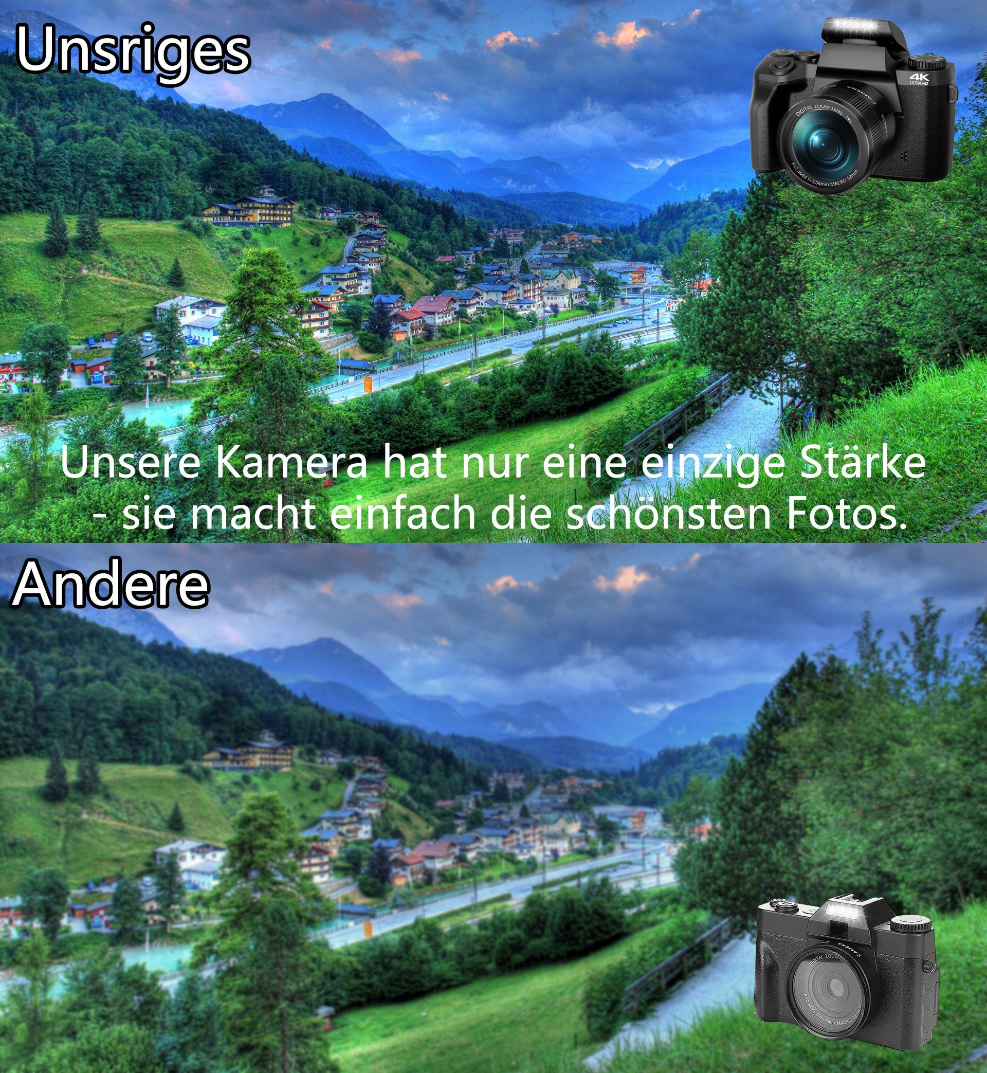 Zwei Bilder von Landschaft mit Kameras. Eine Kamera oben, eine unten. Text auf Deutsch.