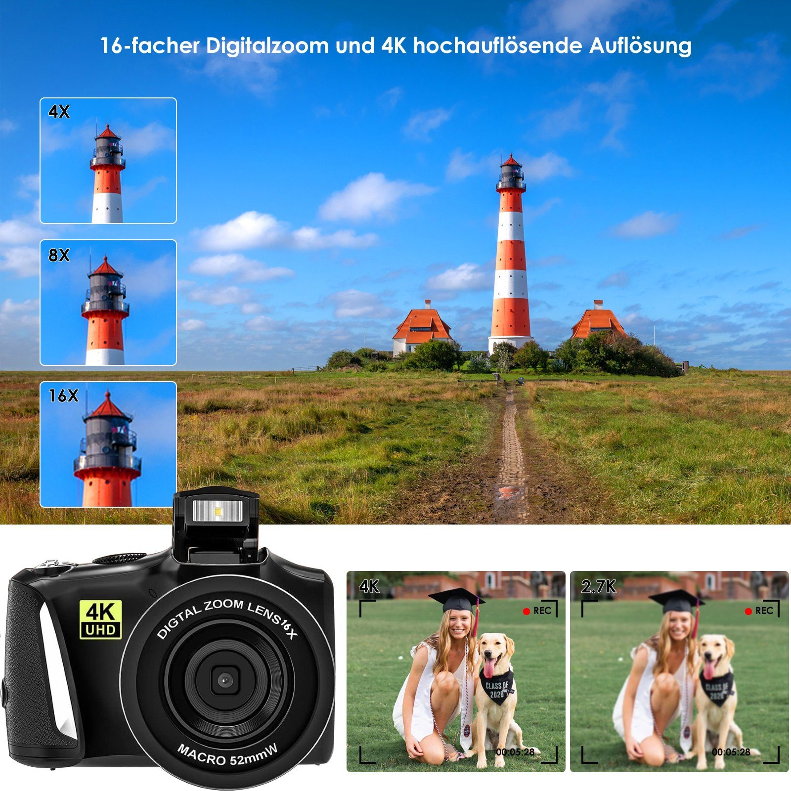 Leuchtturm mit rot-weißen Streifen auf grünem Hügel unter blauem Himmel.