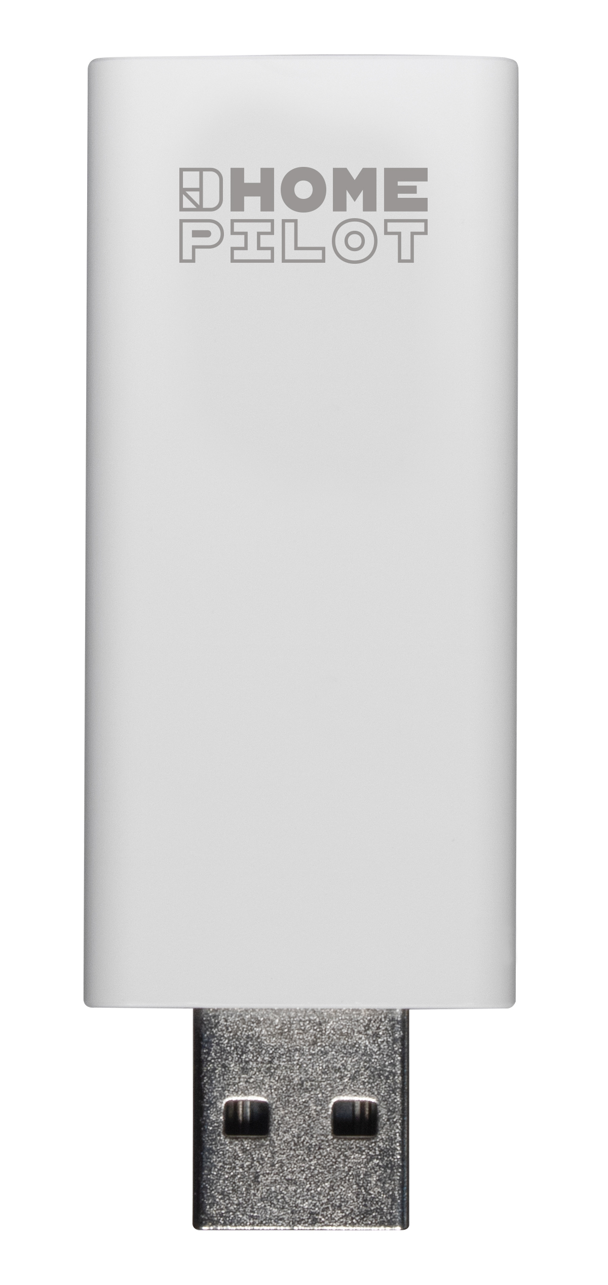 Ein weißes rechteckiges Home Pilot USB-Gerät mit dem aufgedruckten Markennamen.
