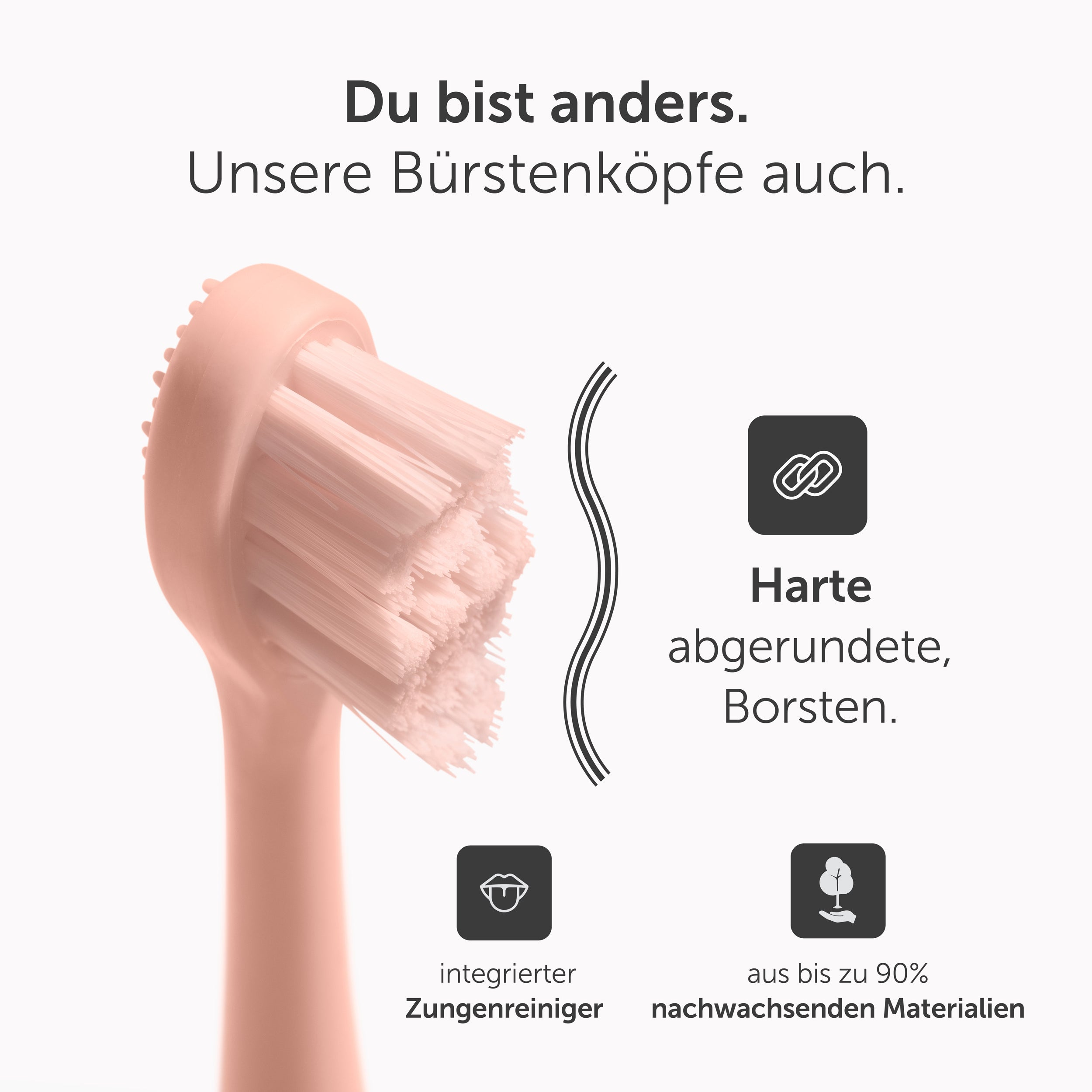Ein pinker Zahnbürstenkopf mit Text, der Funktionen beschreibt: Zungenreiniger, harte Borsten, nachhaltiges Material.