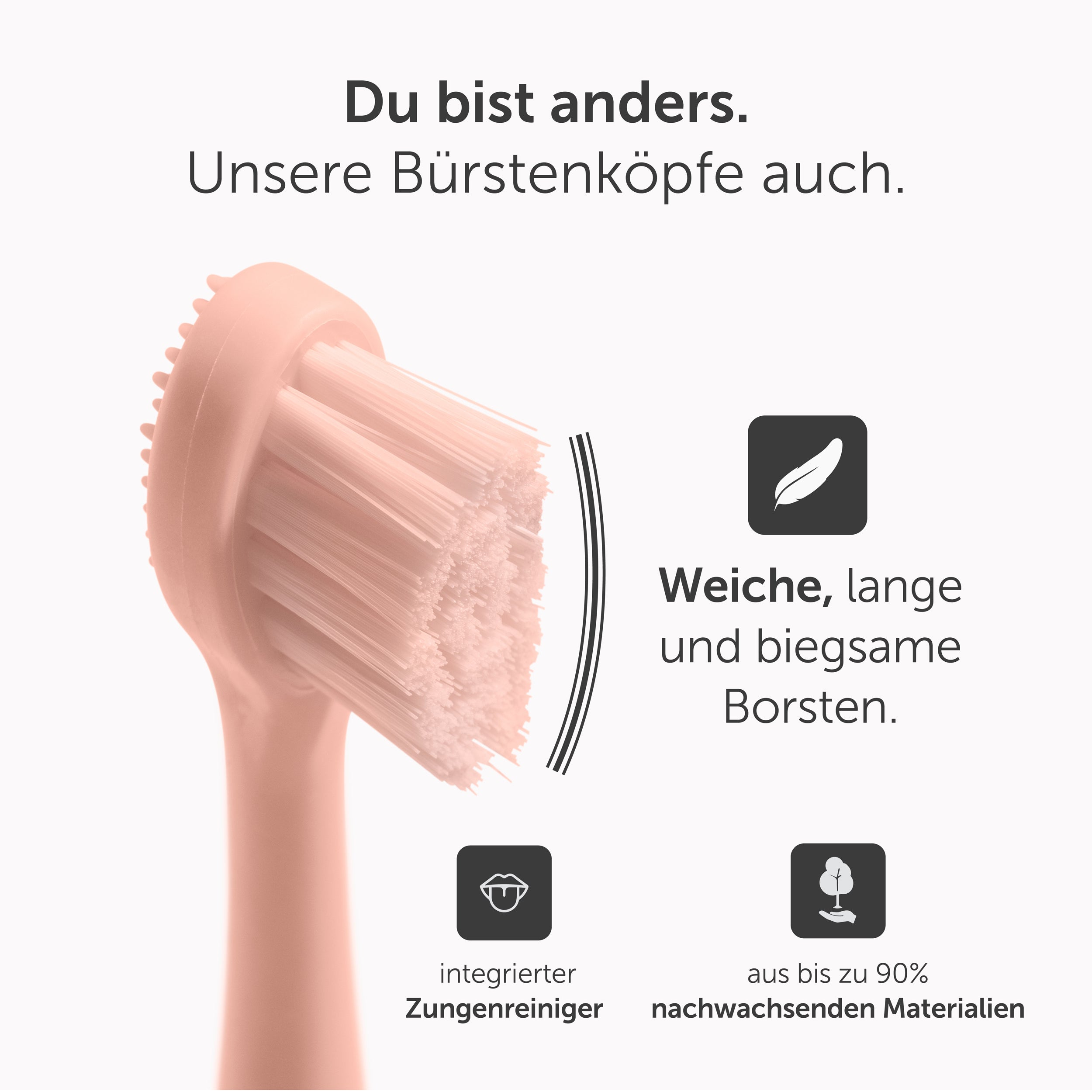Eine Nahaufnahme eines rosa Zahnbürstenkopfes mit Text über weiche Borsten und einen Zungenreiniger.