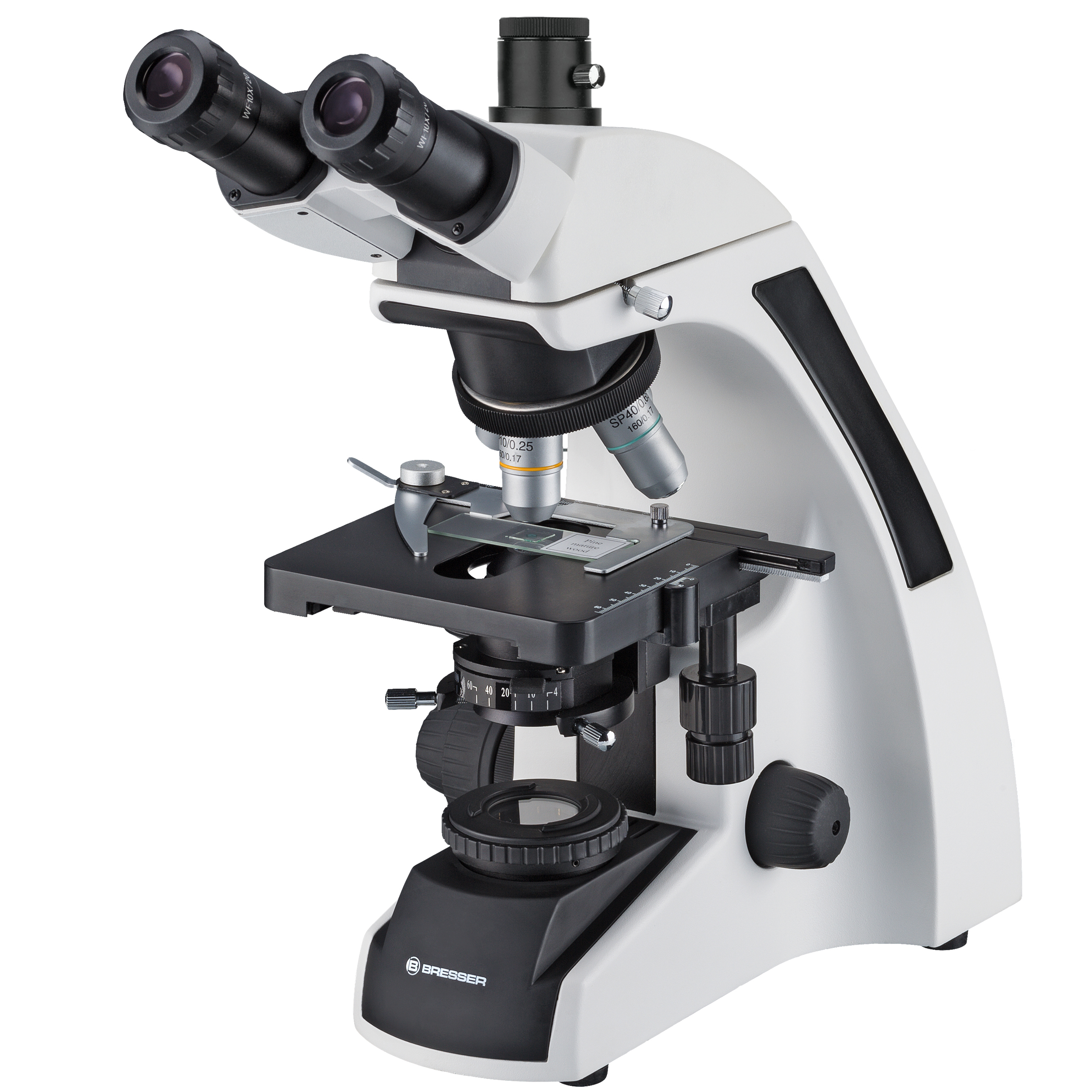 Microscopio blanco con dos oculares y múltiples perillas de ajuste.