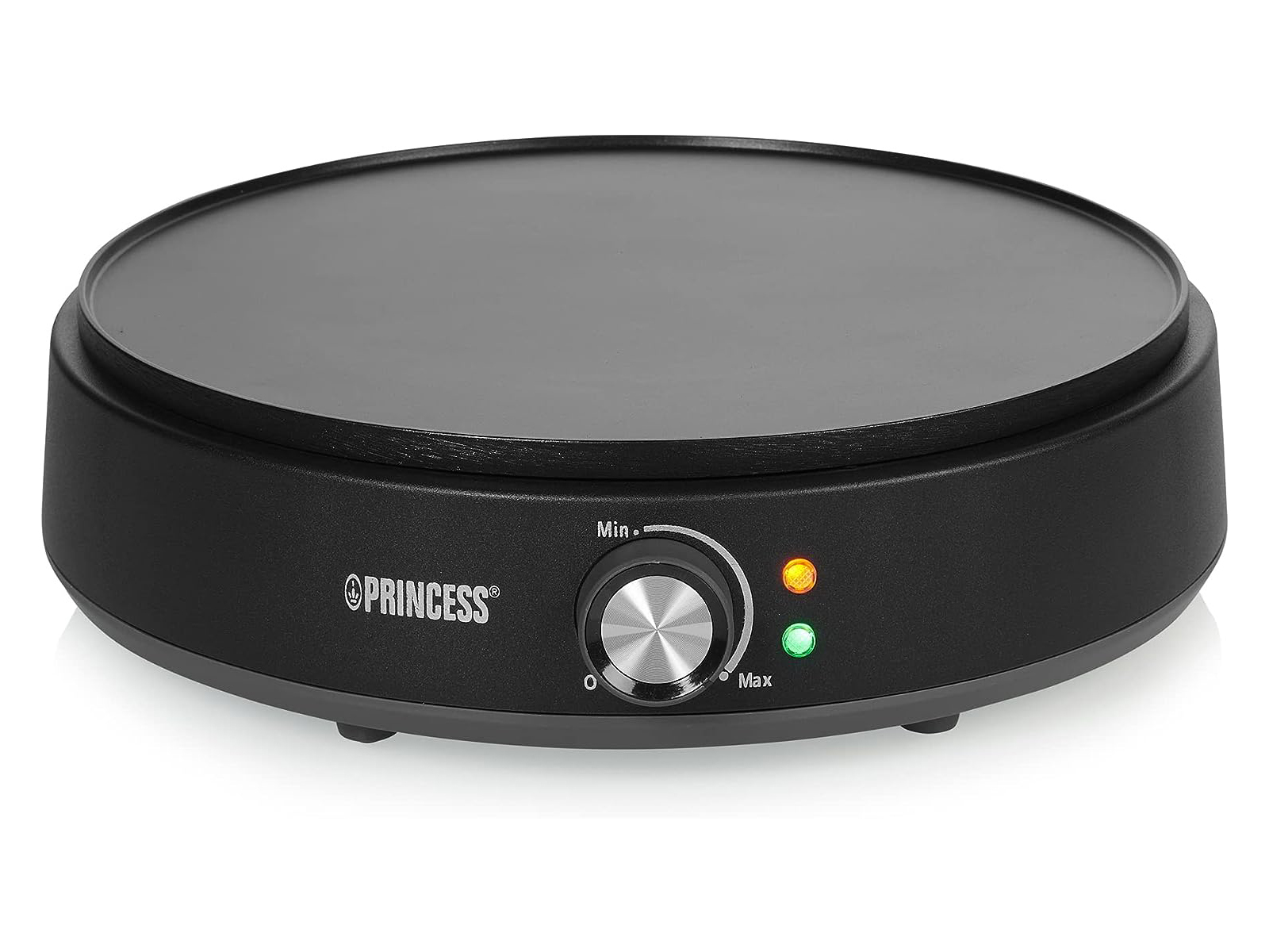 Czarny naleśnikarz z pokrętłem, zielonym i pomarańczowym światłem.