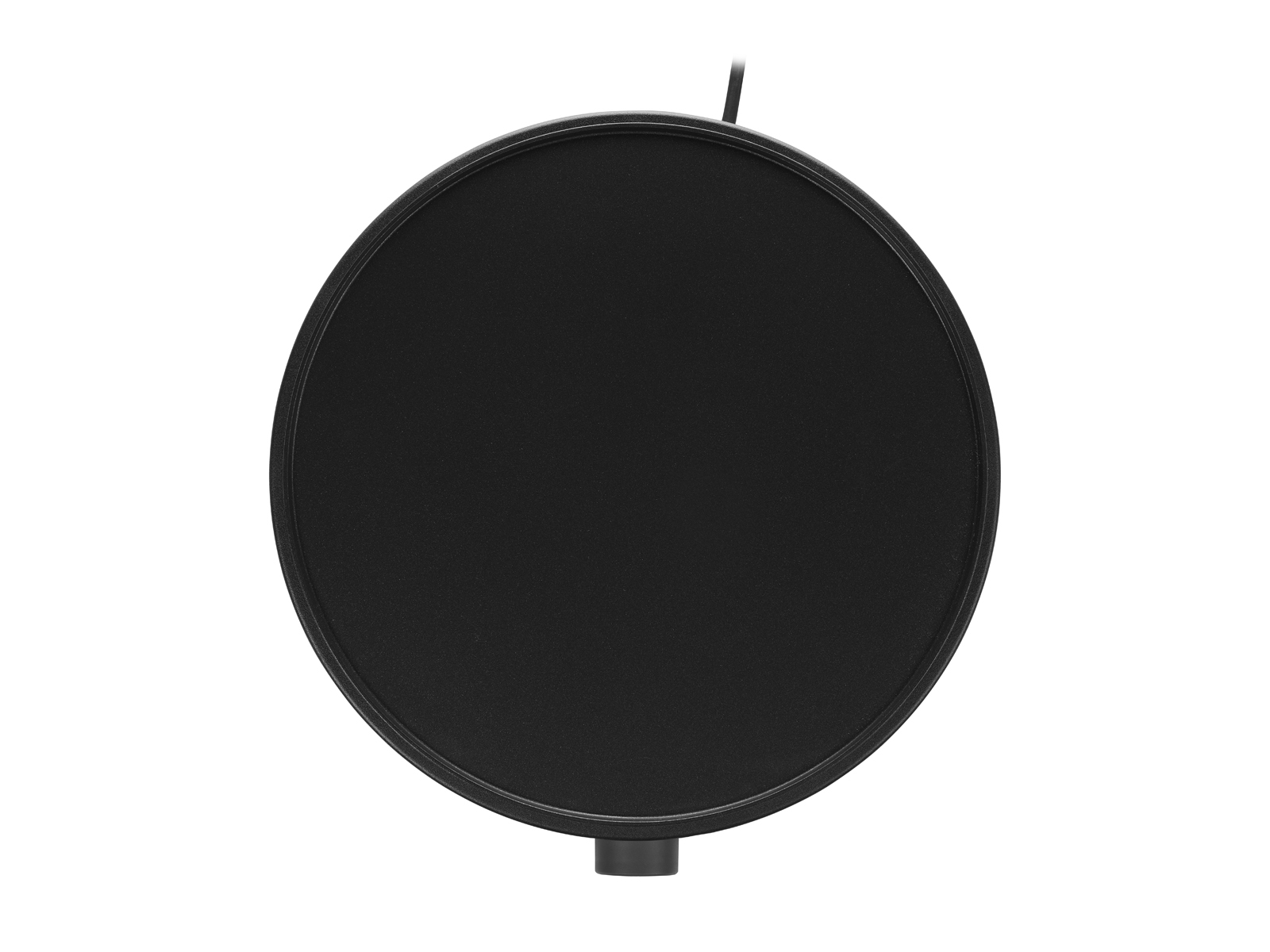 Czarna, okrągła płyta kuchenna z pokrętłem na dole, widok z góry.