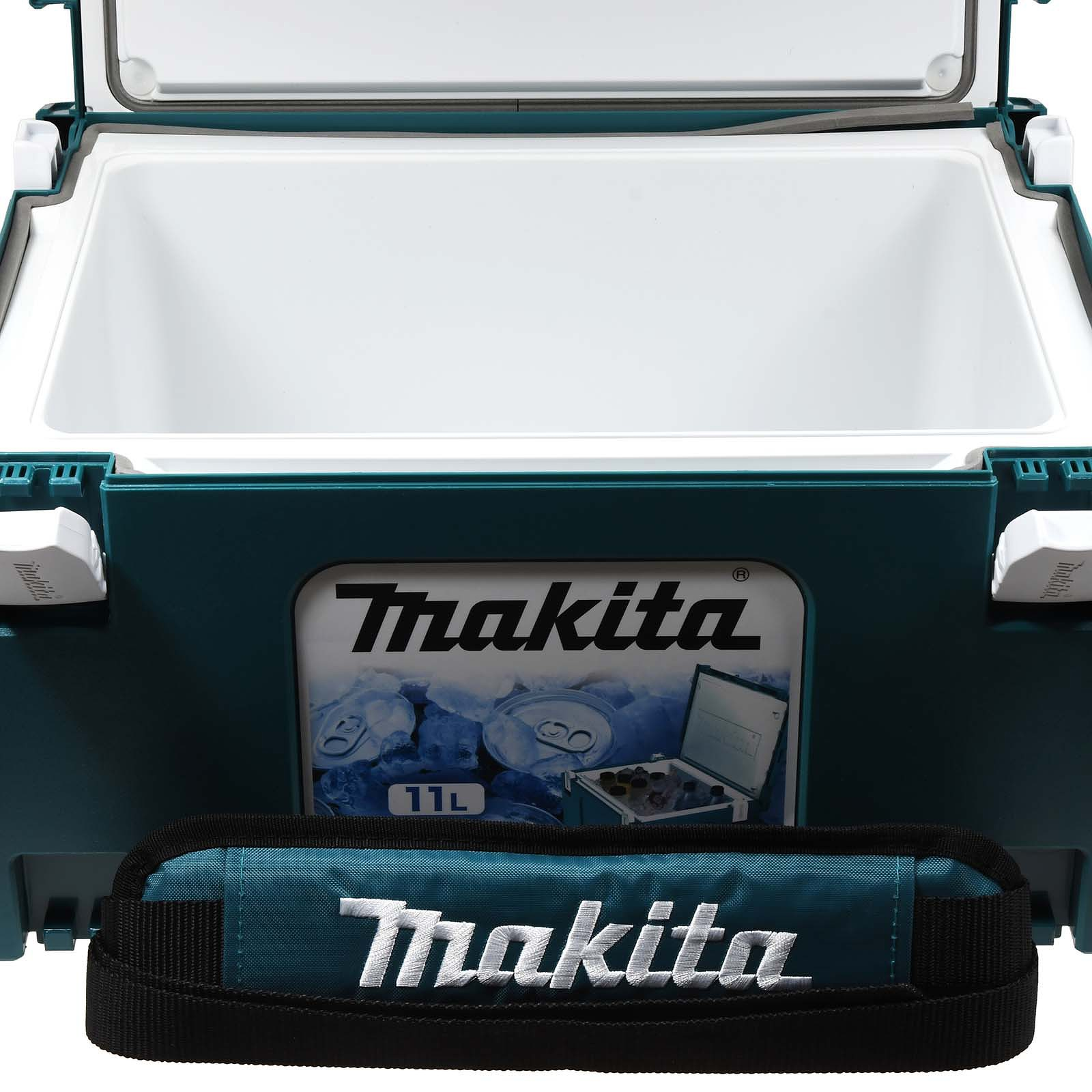 Una borsa frigo Makita verde acqua scuro con coperchio aperto, piena di ghiaccio.