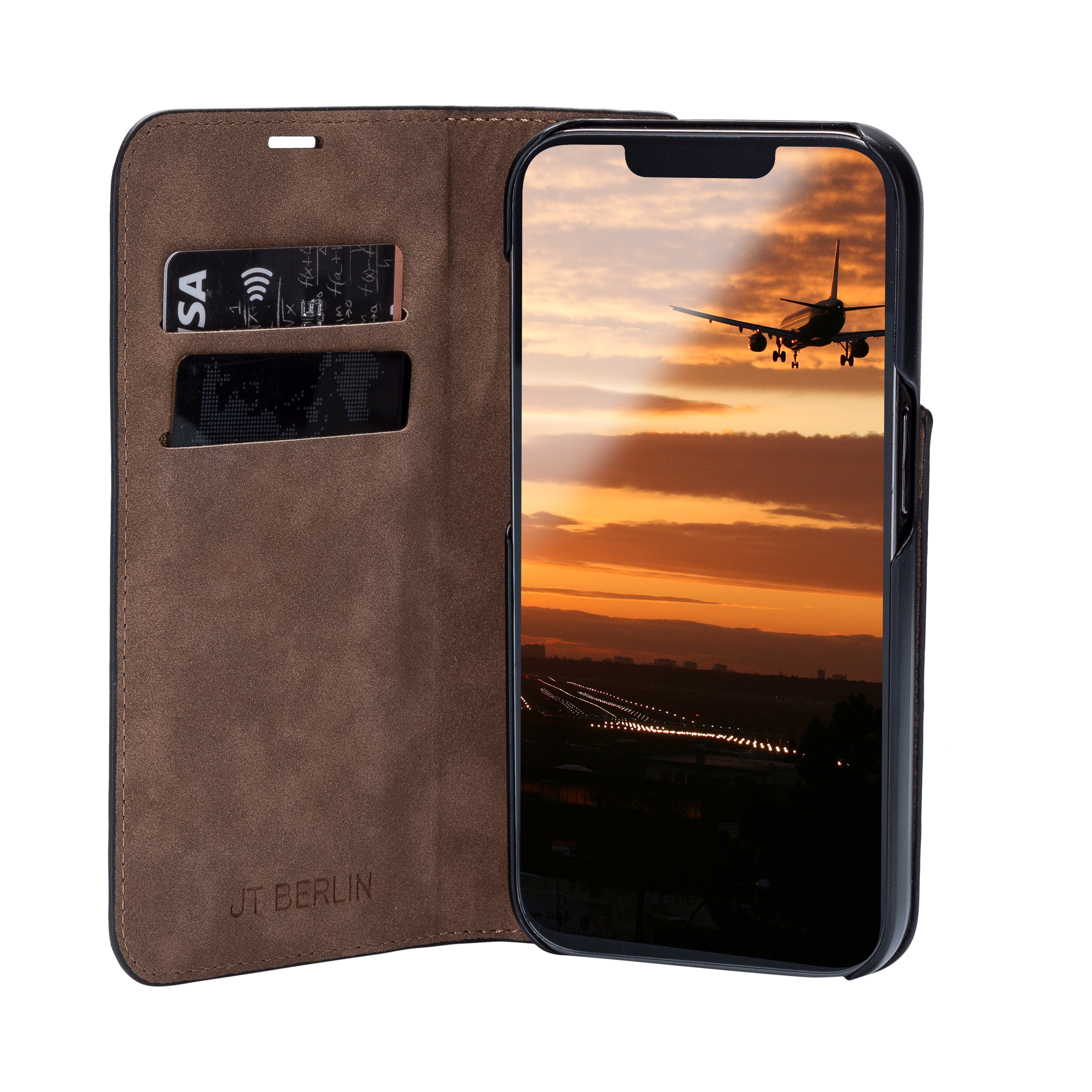 Étui de téléphone noir ouvert, montrant un téléphone avec un atterrissage au coucher du soleil.
