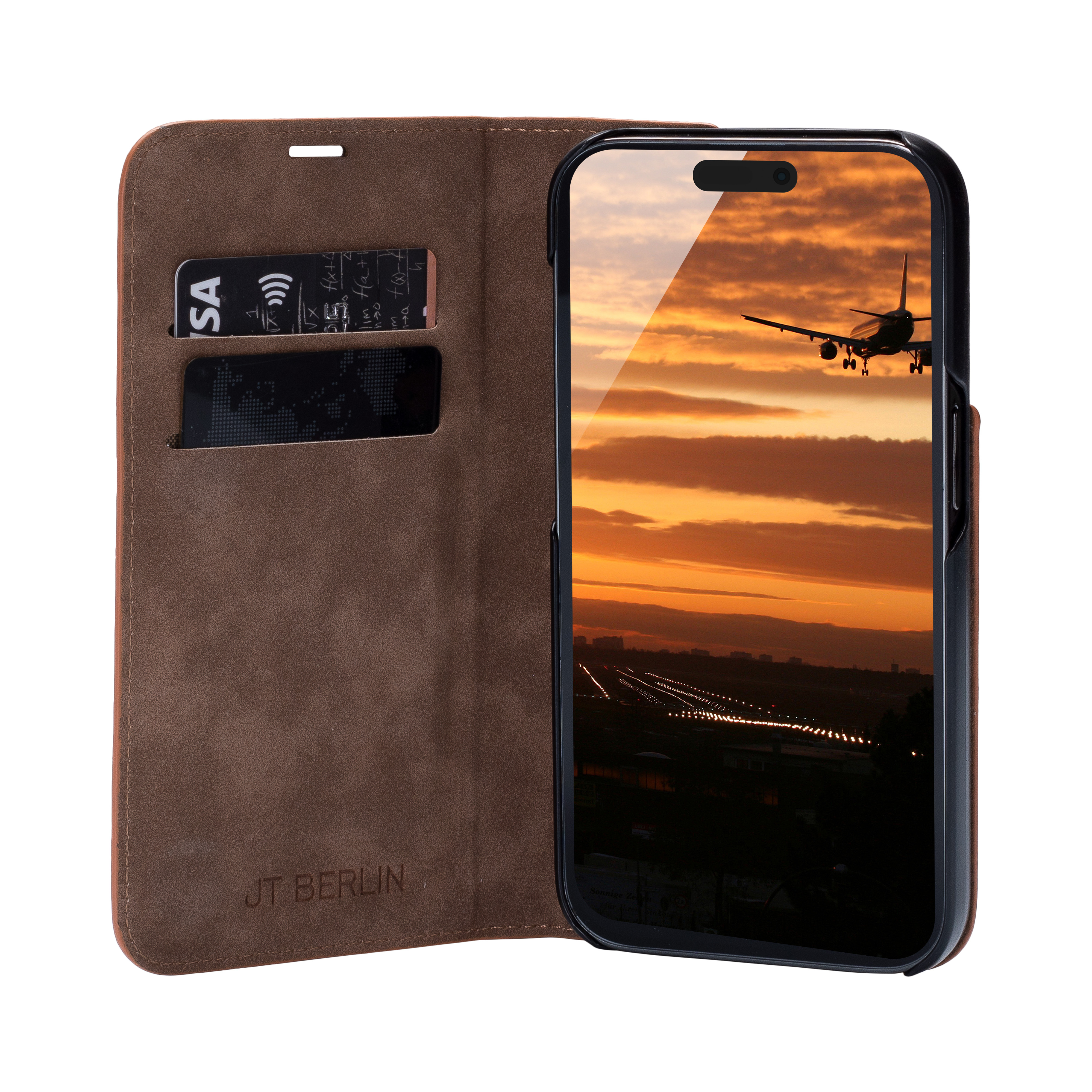 Handyhülle mit Telefon, das eine Landung über dem Sonnenuntergang zeigt, und Kreditkartenfächern.