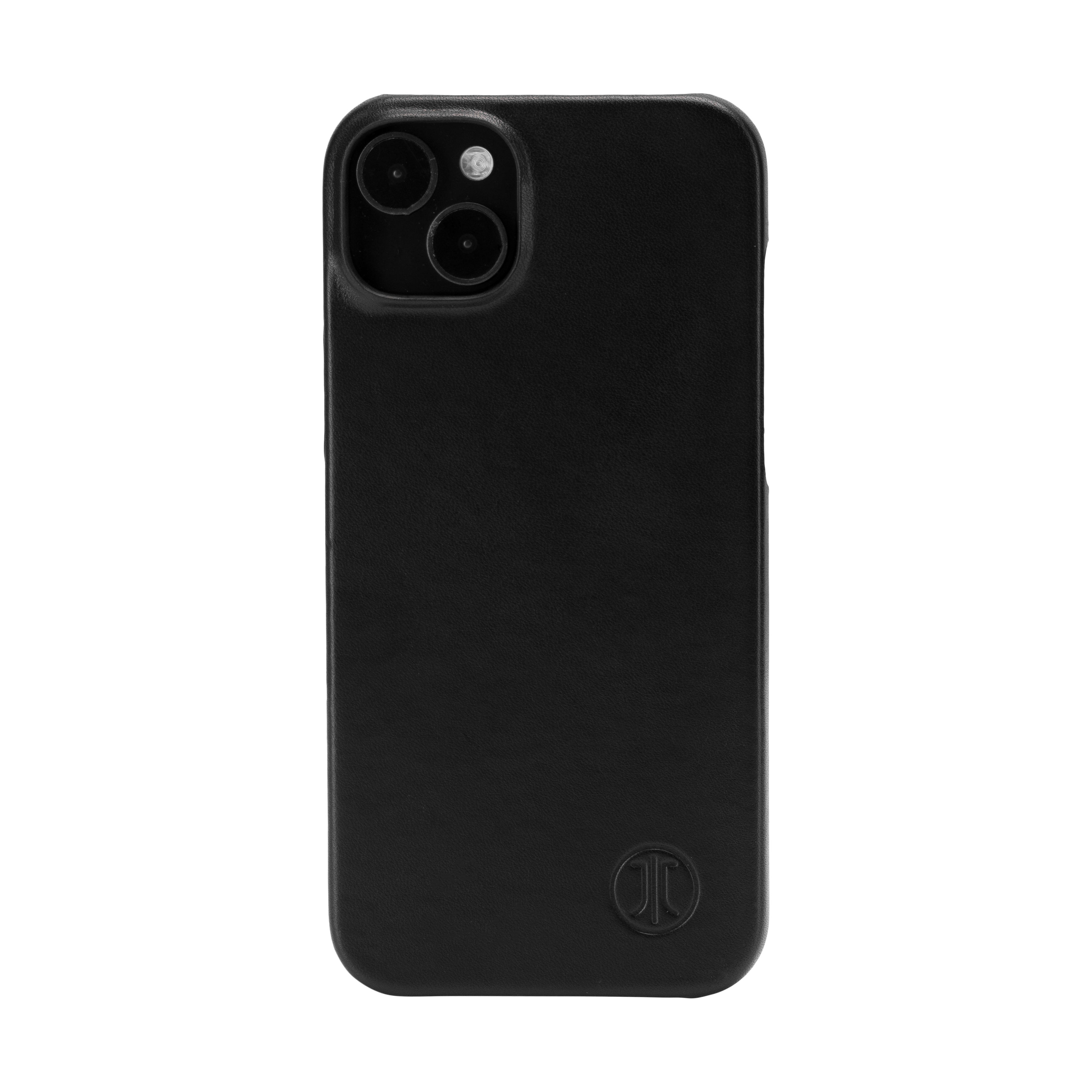Schwarze iPhone-Hülle mit Telefon auf weißem Hintergrund, das Telefon zeigend.