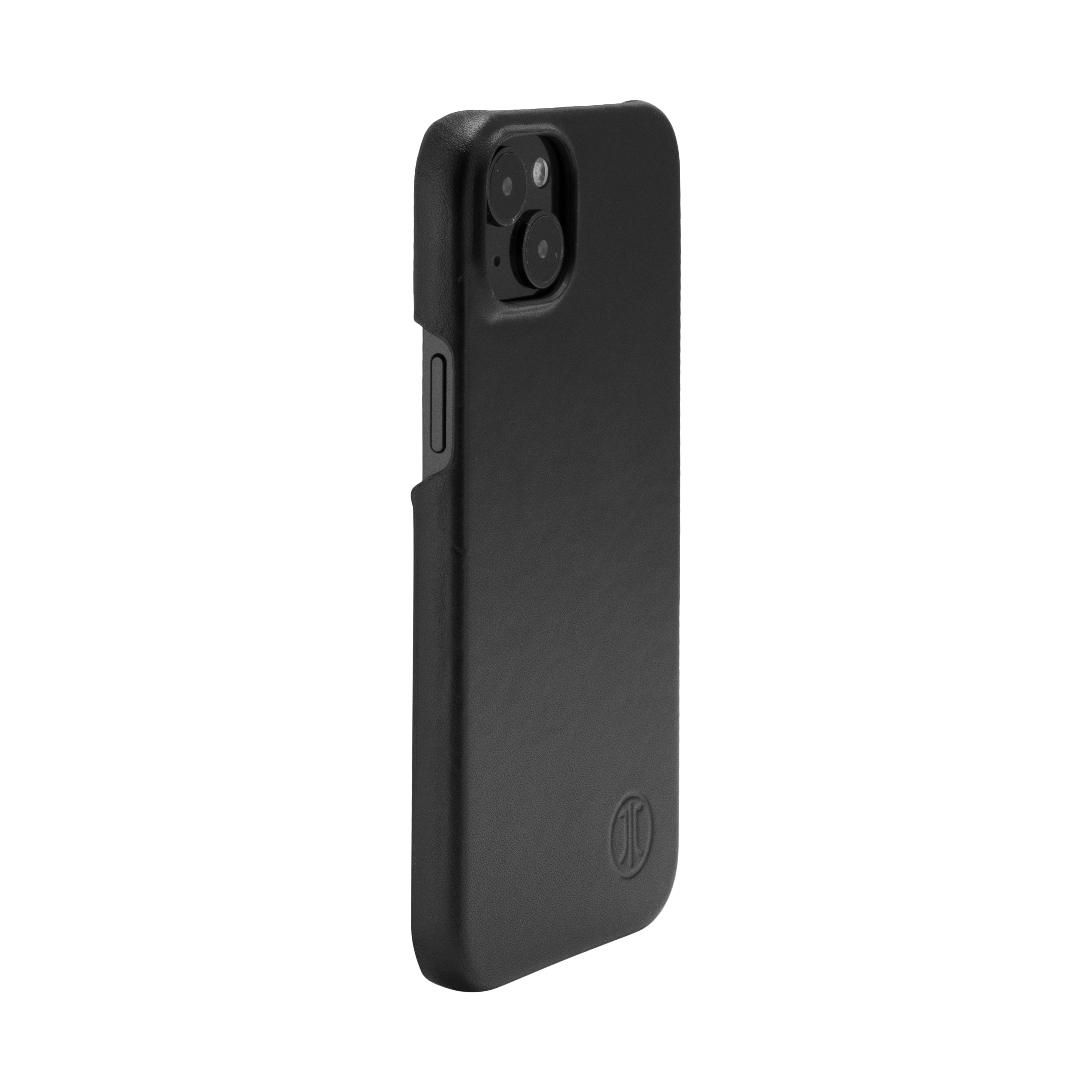 Coque de téléphone en cuir noir avec finition mate. La bosse de l'appareil photo est visible.