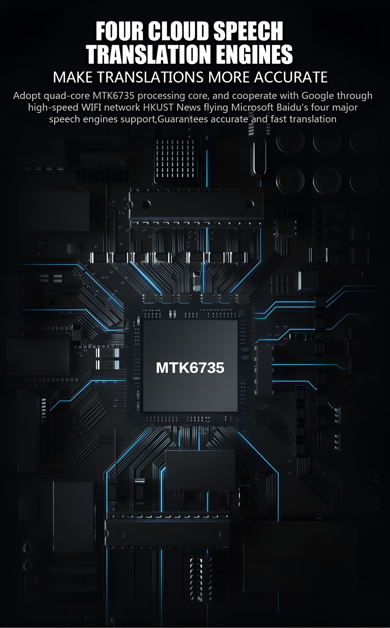 Eine elektronische Leiterplatte mit einem zentralen Prozessor MTK6735, umgeben von anderen Komponenten und blauen Linien.