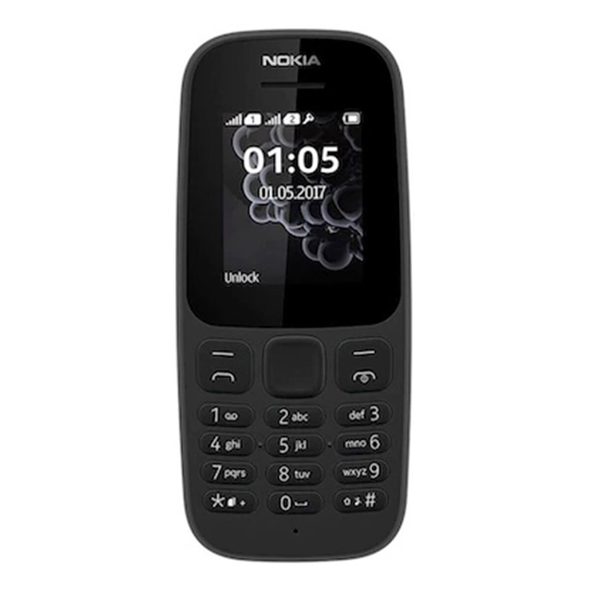 Un telefono Nokia nero con uno schermo che mostra l'ora e la data 01:05 01.05.2017.