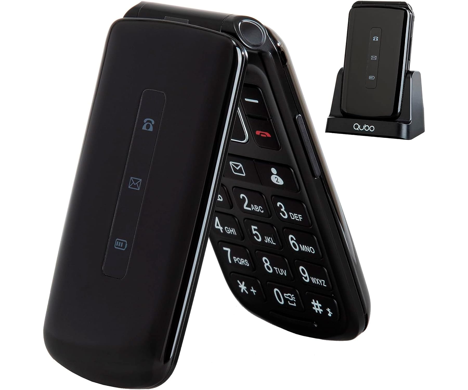 Telefono a conchiglia nero, aperto che mostra la tastiera, con una base di ricarica.