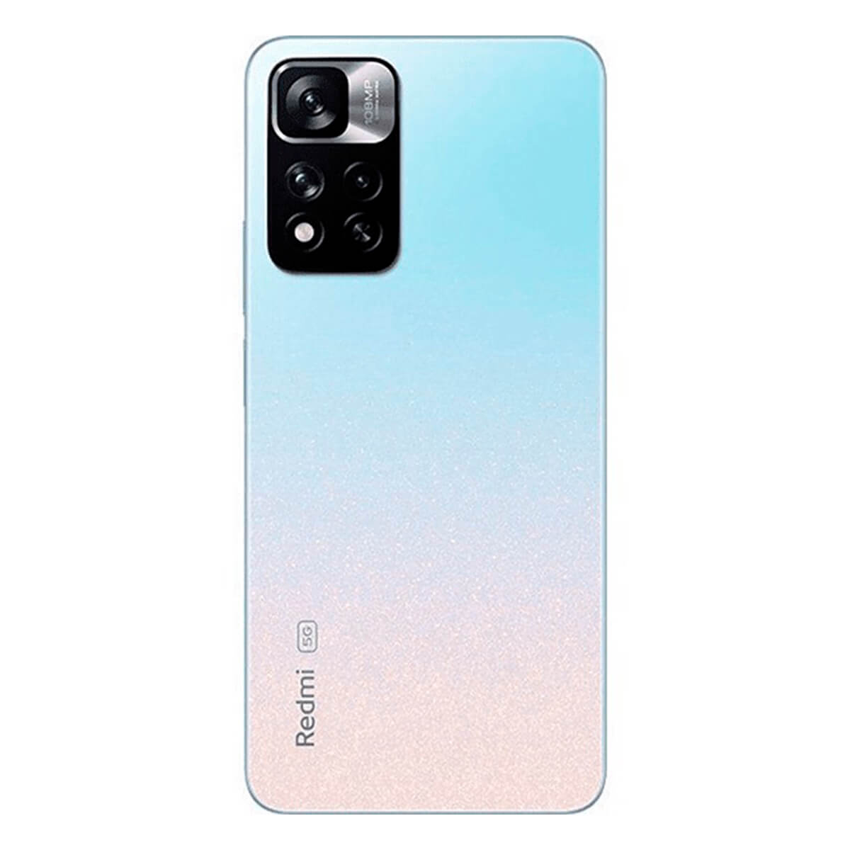 Rückseite eines hellblauen und pinkfarbenen Redmi 5G-Telefons mit Kameramodul, auf weißem Hintergrund.