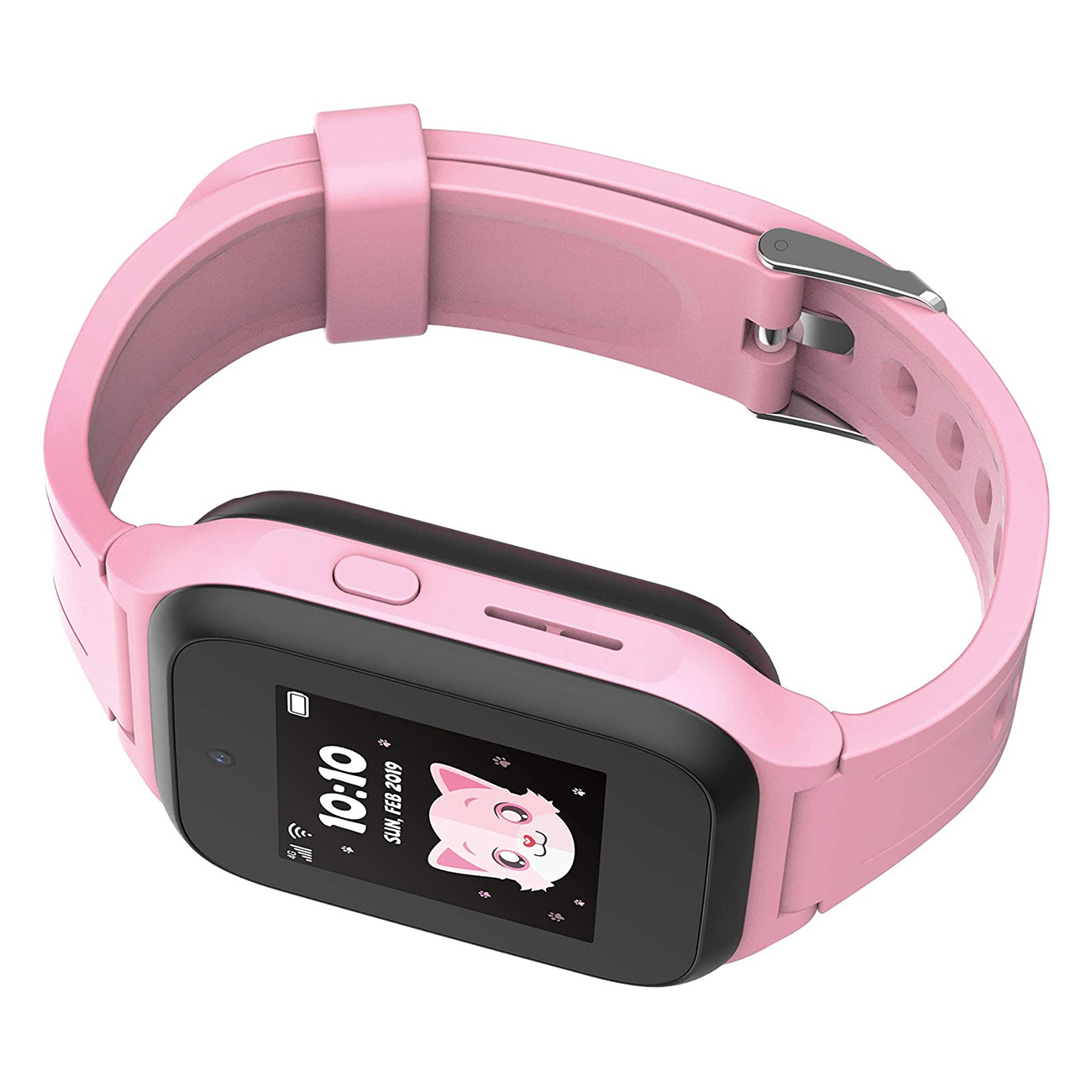 Rosa Smartwatch mit schwarzem Bildschirm mit Katzen-Gesicht-Symbol, rosa Armband, weißer Hintergrund.
