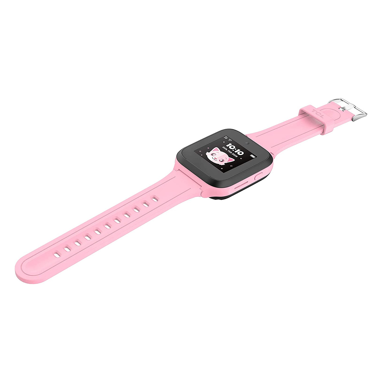 Eine rosa Smartwatch mit schwarzem Bildschirm und rosa Armband. Weißer Hintergrund.