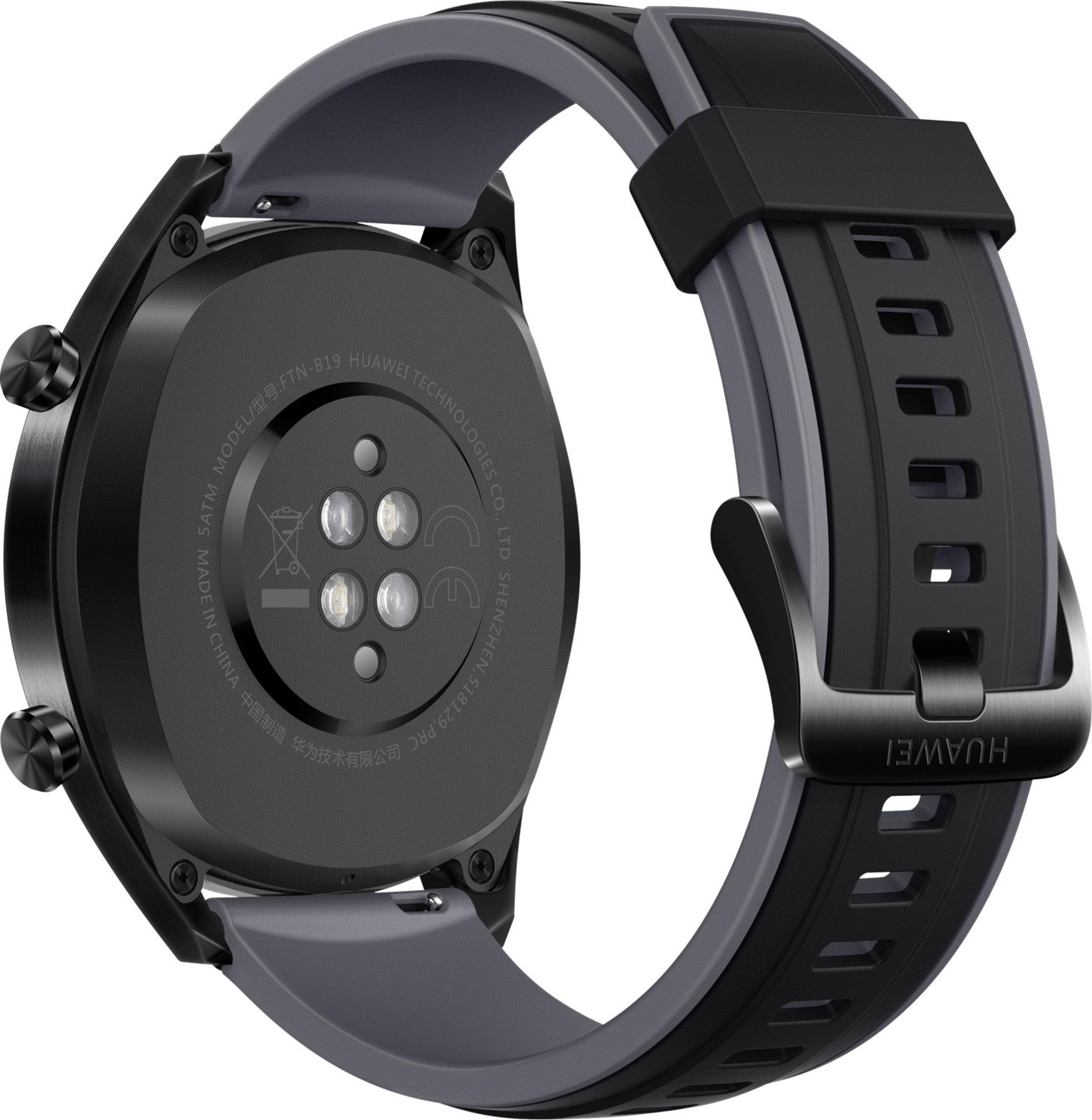 Nahaufnahme einer schwarzen Huawei Smartwatch, Rückseite mit Armband.