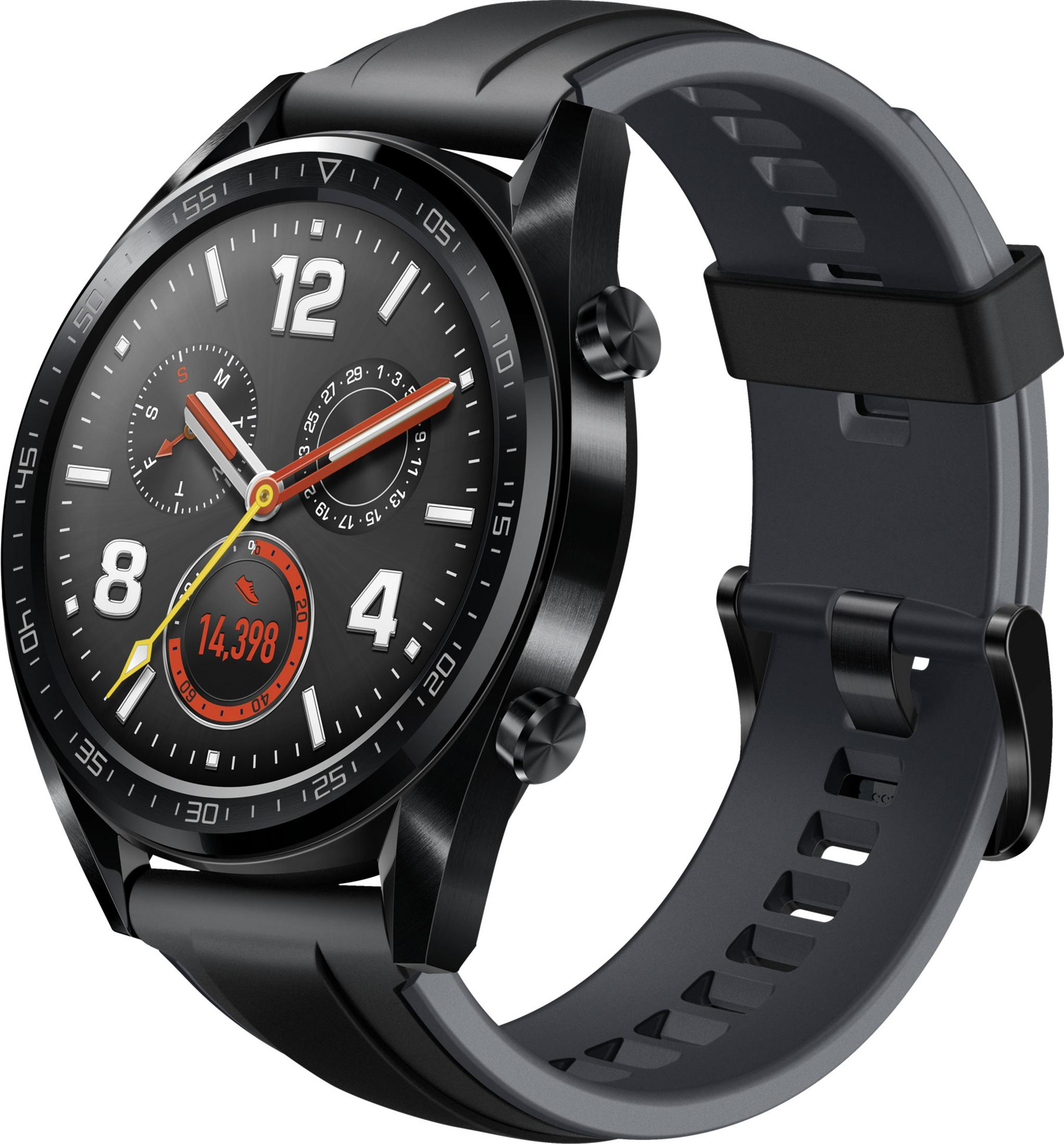 Schwarze Smartwatch mit grauem Armband, zeigt Zeit und Fitnessdaten.