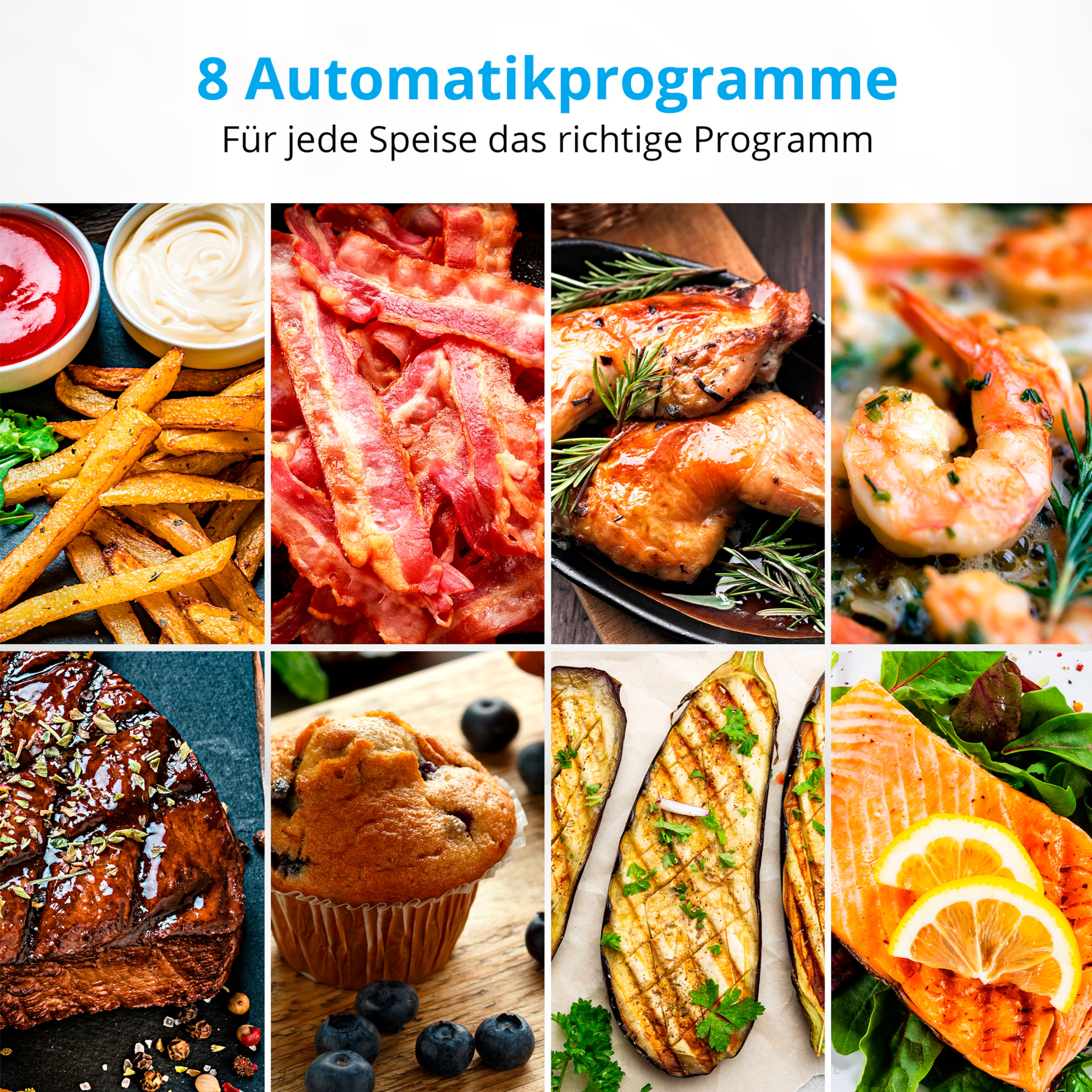 Collage de divers aliments cuisinés. Comprend des frites, du bacon, du poulet, des crevettes, du steak, des muffins, des aubergines grillées et du saumon.