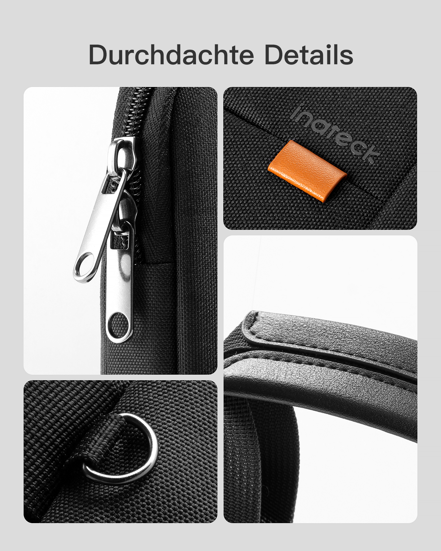 Nahaufnahme einer schwarzen Tasche mit Details wie Reißverschluss, Lederetikett und Ring.