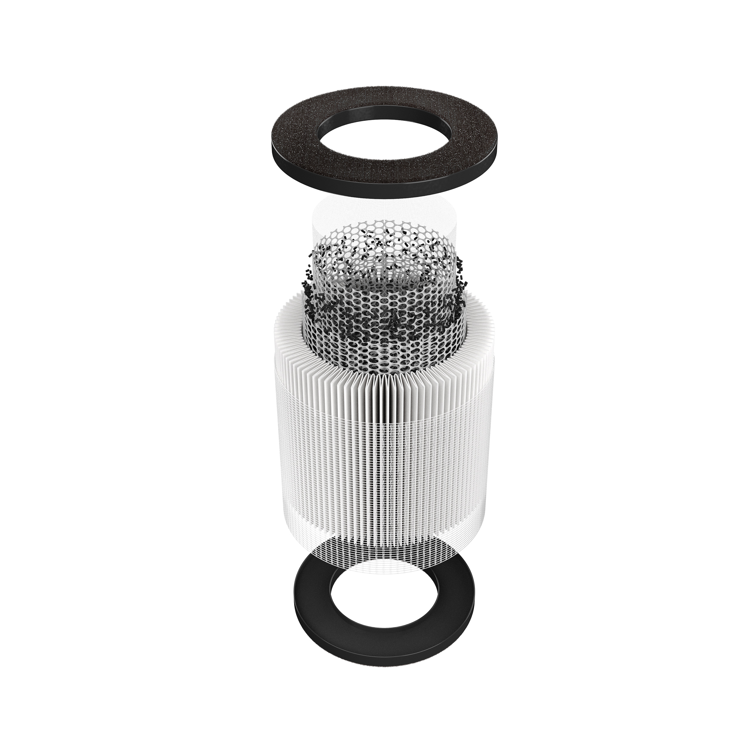 Explosionsansicht eines Luftfilters. Mehrere Schichten aus verschiedenen Materialien werden gezeigt.