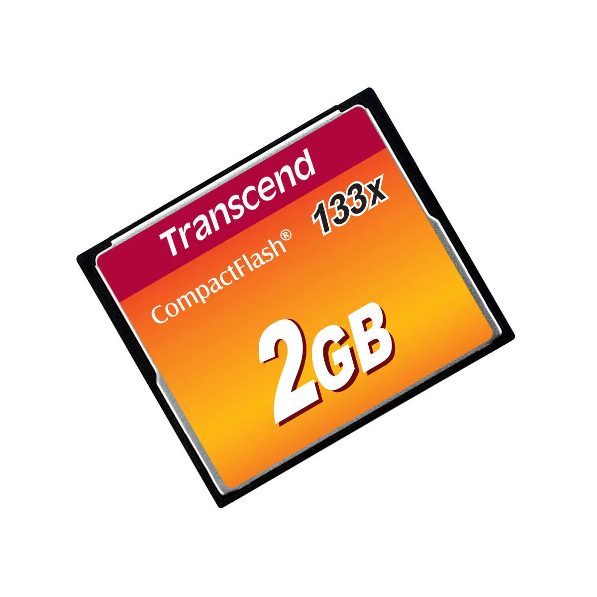 Transcend CompactFlash 2GB Speicherkarte mit rotem und weißem Text auf weißem Hintergrund.