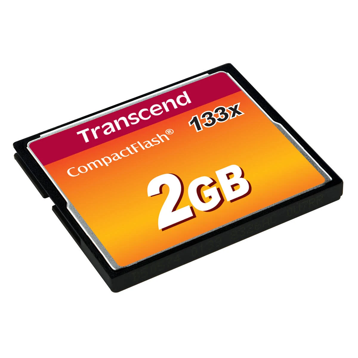 2GB Transcend CompactFlash-Karte, orangefarbener und weißer Text auf schwarzem Rahmen.