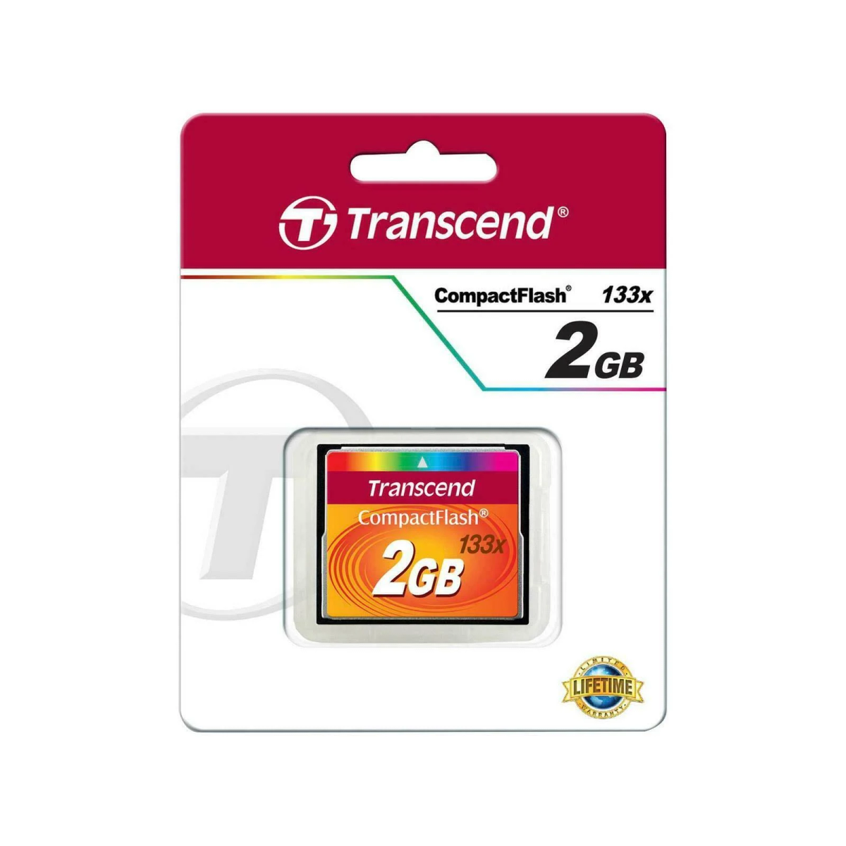 Eine 2GB Transcend CompactFlash-Karte in ihrer Verpackung. Die Verpackung ist rot und weiß mit dem Transcend-Logo.