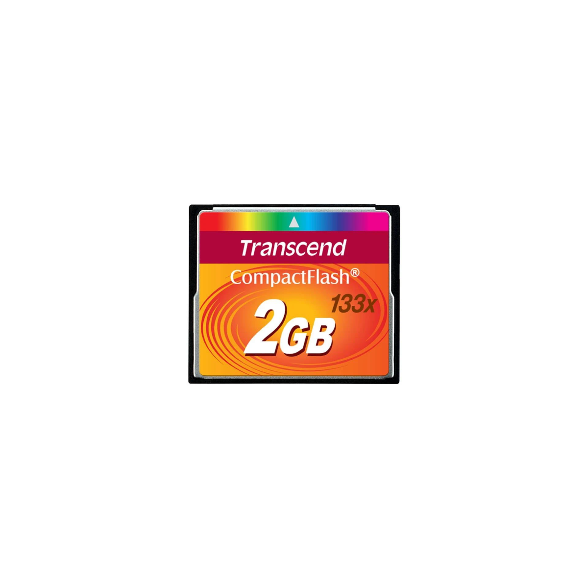 Eine CompactFlash-Speicherkarte mit Transcend-Etikett und 2 GB Kapazität auf Weiß.
