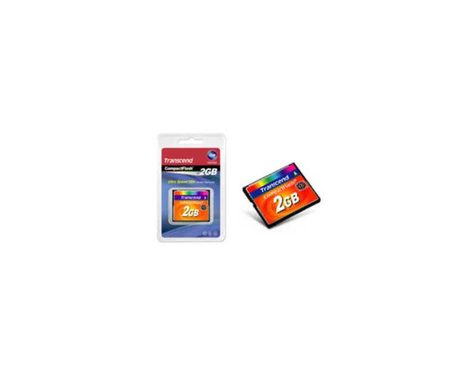 Zwei Transcend CompactFlash-Karten in und außerhalb einer Verpackung. Eine ist orange, eine in blauem Paket.