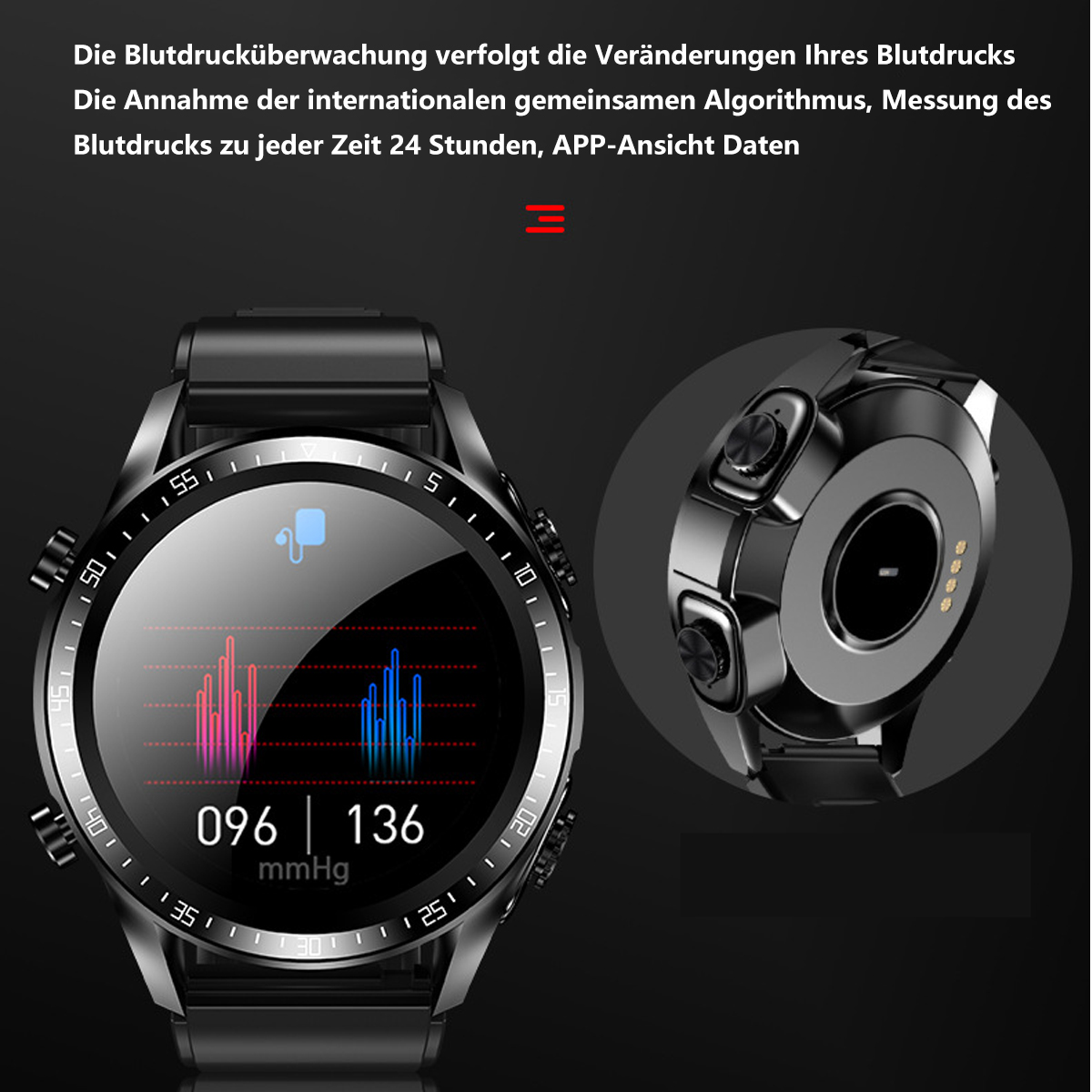 Smartwatch mit Blutdruckmesswerten, Nahaufnahme der Sensoren.