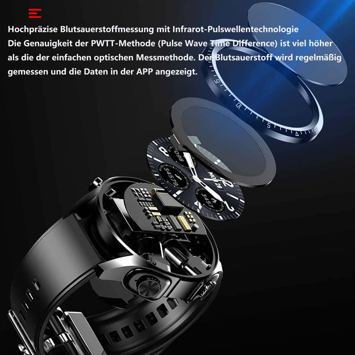 Eine Smartwatch mit mehreren Schichten, die ihre internen Komponenten und das Display in dunkler Umgebung zeigt.