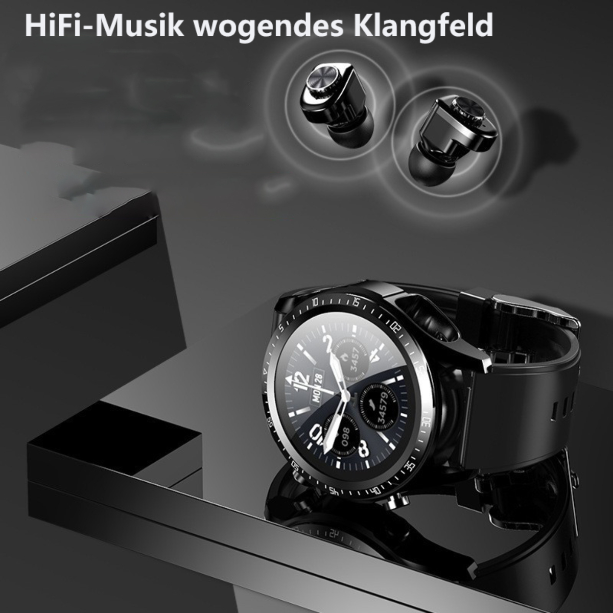Schwarze Smartwatch mit Ohrhörern und Text, HiFi-Musik wogendes Klangfeld.