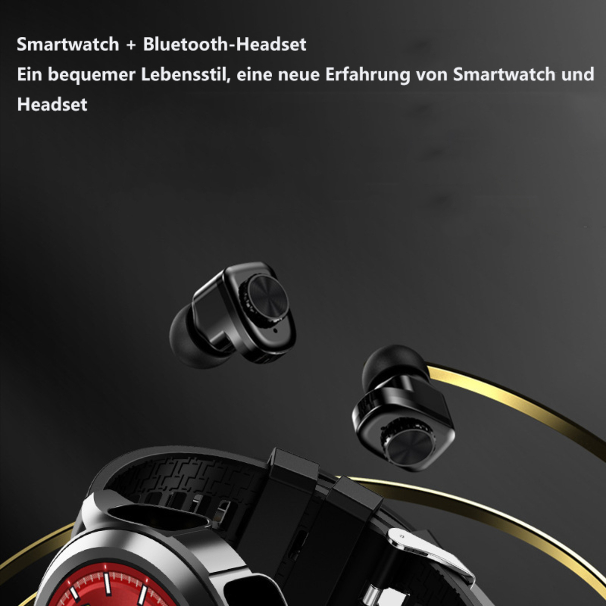 Schwarze Smartwatch und schwarze kabellose Ohrhörer. Produktplatzierung auf dunklem Hintergrund mit goldenen Linien.