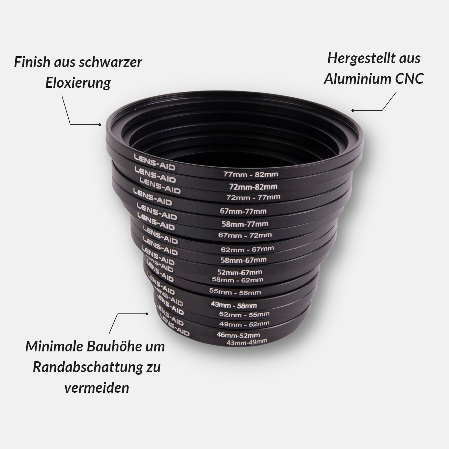Step-Up Filtergewinde passend Schwarz, 52-67mm, Ringe, LENS-AID mit für Objektive