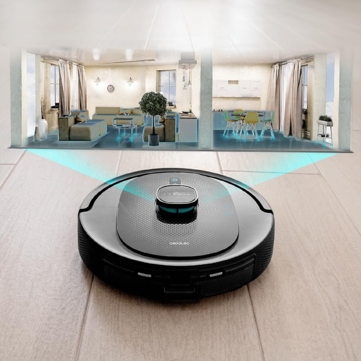 Un aspirapolvere robot nero su un pavimento in legno, con una scena della stanza sullo sfondo.