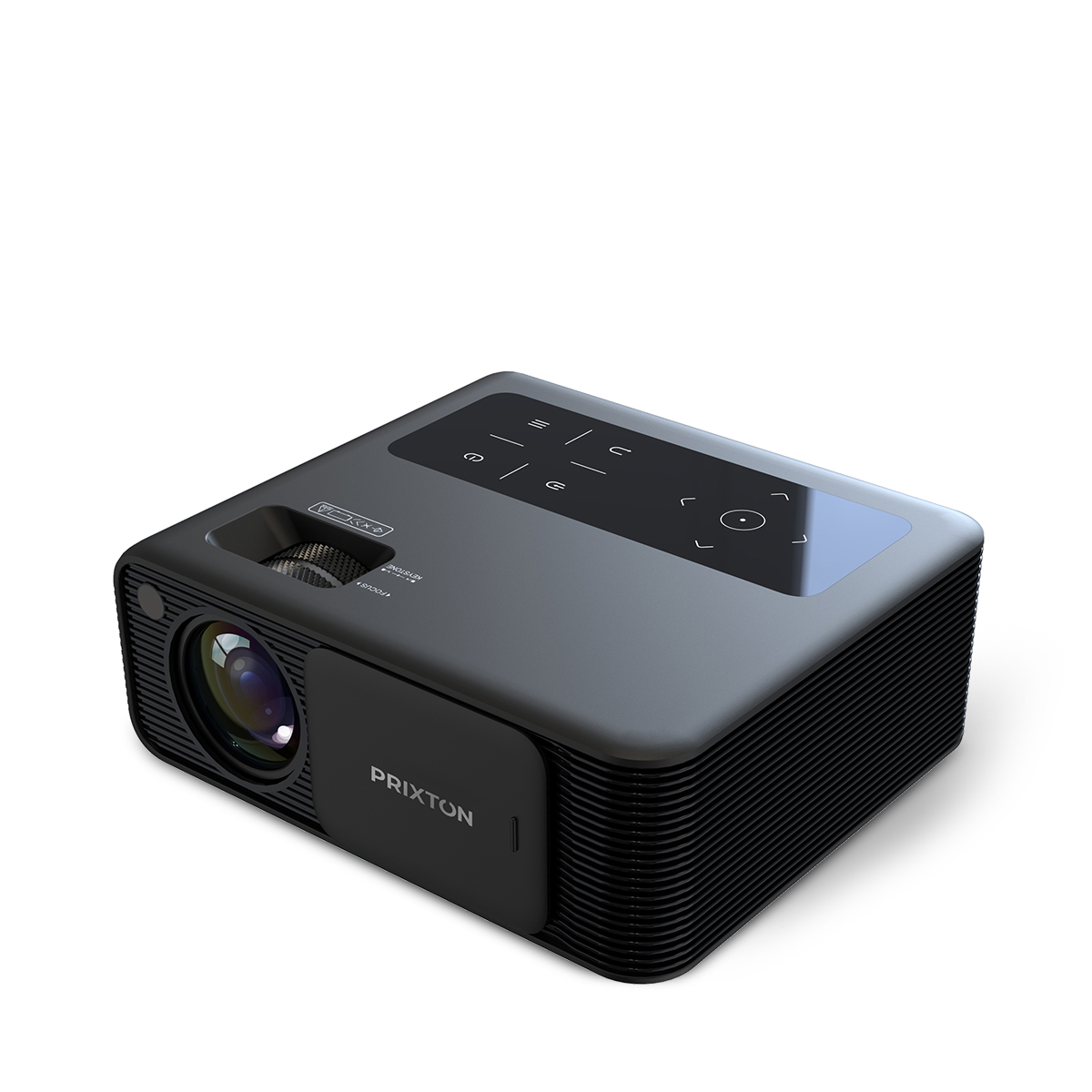 Czarny projektor z przyciskami na górze i obiektywem z przodu, na białym tle.