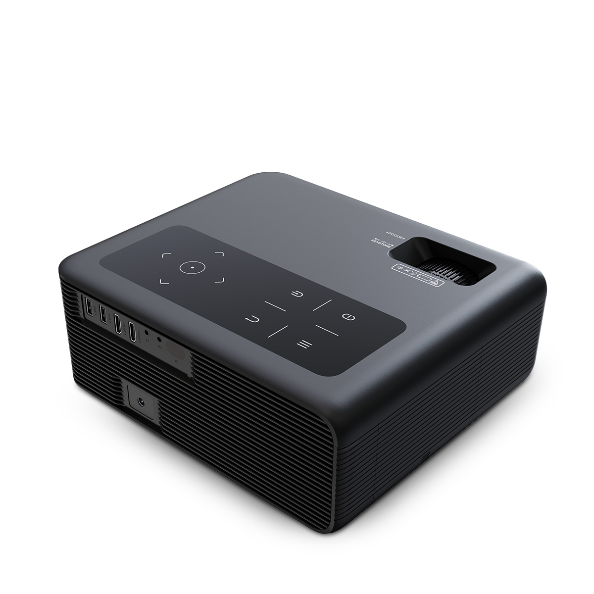 Czarny projektor z przyciskami sterowania na górze. Bok ma otwory wentylacyjne. Jest na białej powierzchni.