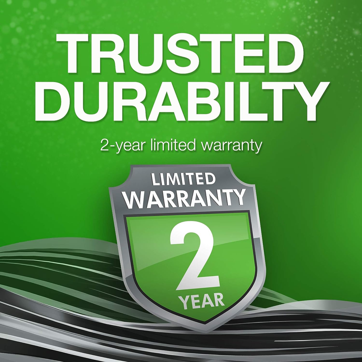 Grafica verde e bianca con le parole 'TRUSTED DURABILITY' e un badge di garanzia di 2 anni.