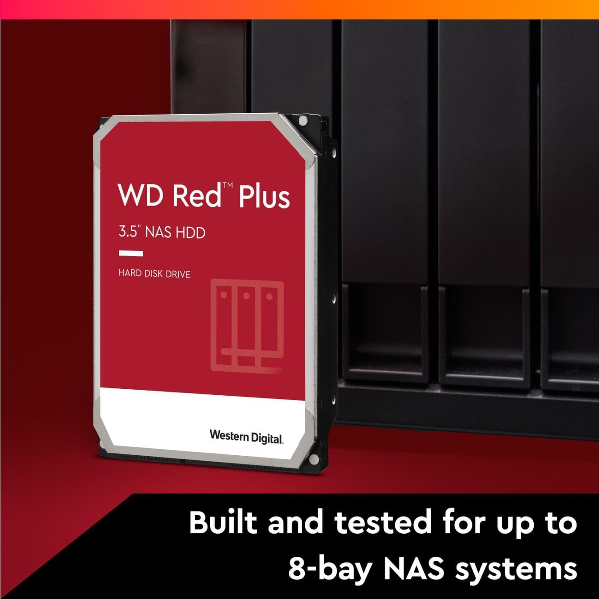 Red WD Red Plus HDD next to a black NAS system.