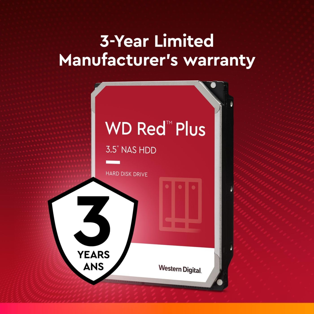 WD Red Plus HDD on red gradient background, 3-year warranty badge.
